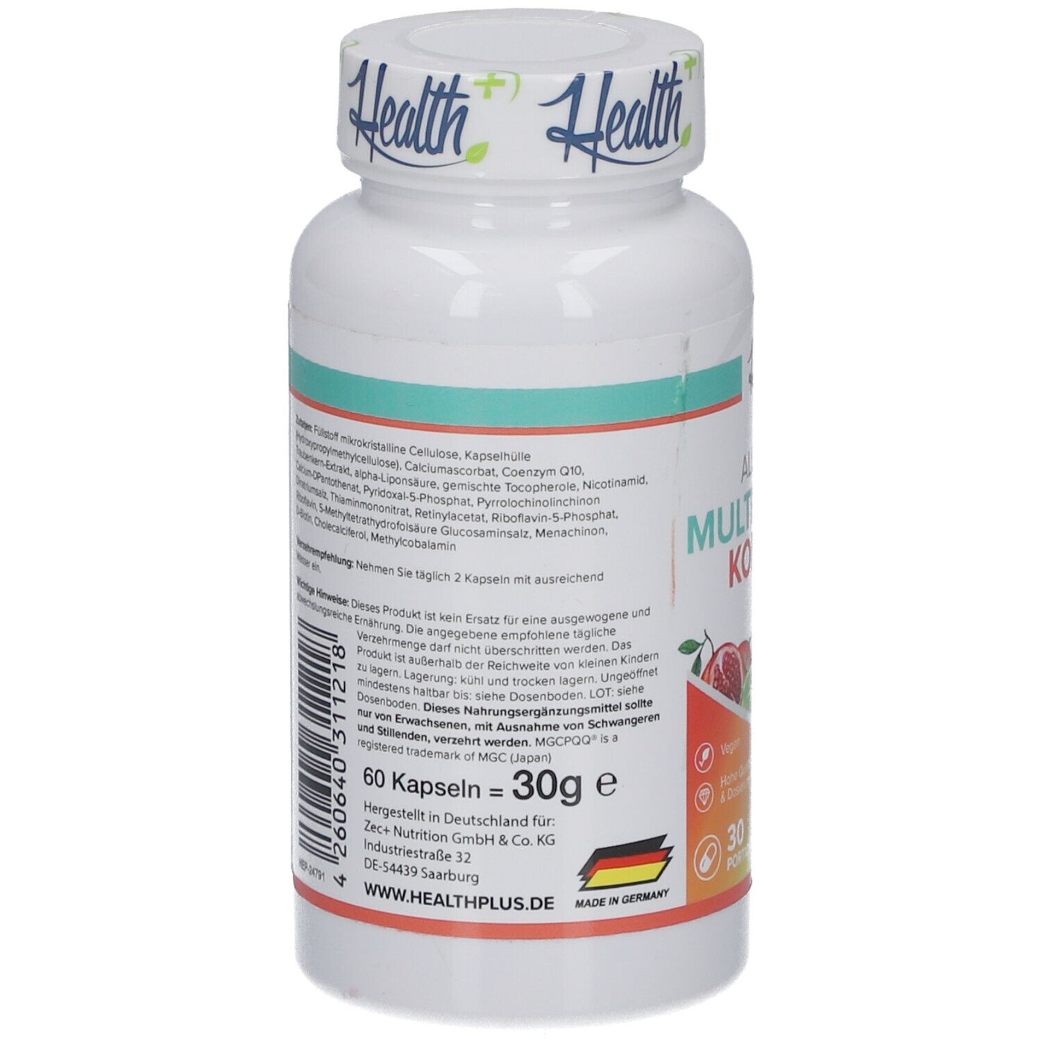 Rückseite der weißen Flasche HEALTH+ ALL IN ONE Multivitamin Komplex. 60 Kapseln, 30g. Inhaltsstoffe und Herstellerinformationen.