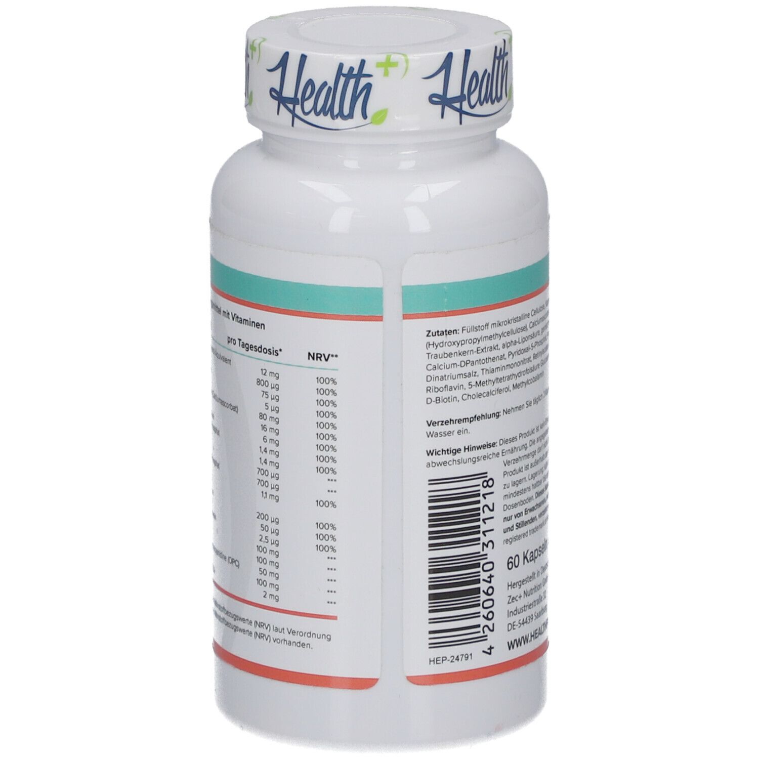 Weiße Flasche HEALTH+ ALL IN ONE Multivitamin Komplex. Nährwerttabelle mit Vitaminen pro Tagesdosis.