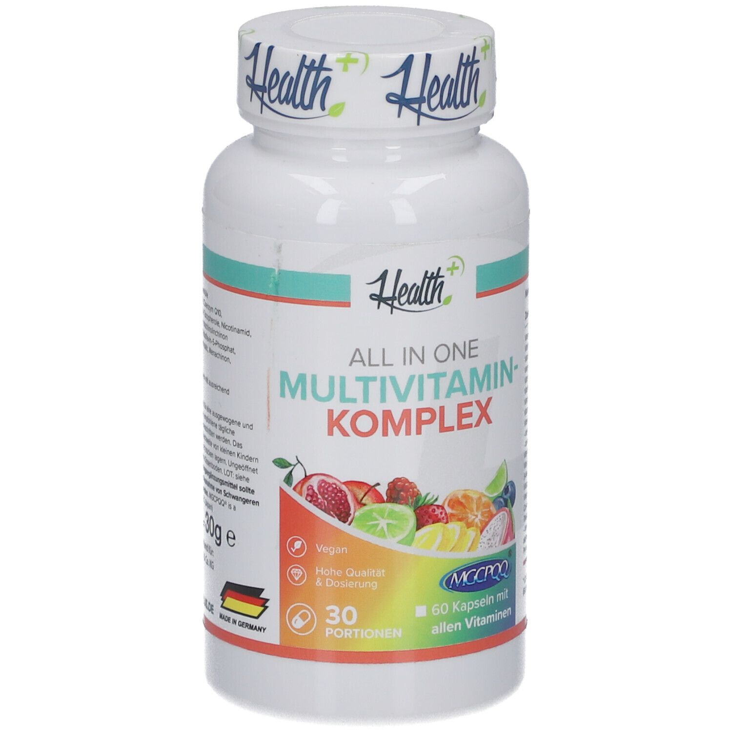 Weiße Flasche HEALTH+ ALL IN ONE Multivitamin Komplex. 60 Kapseln, 30 Portionen. Abbildung von Früchten.