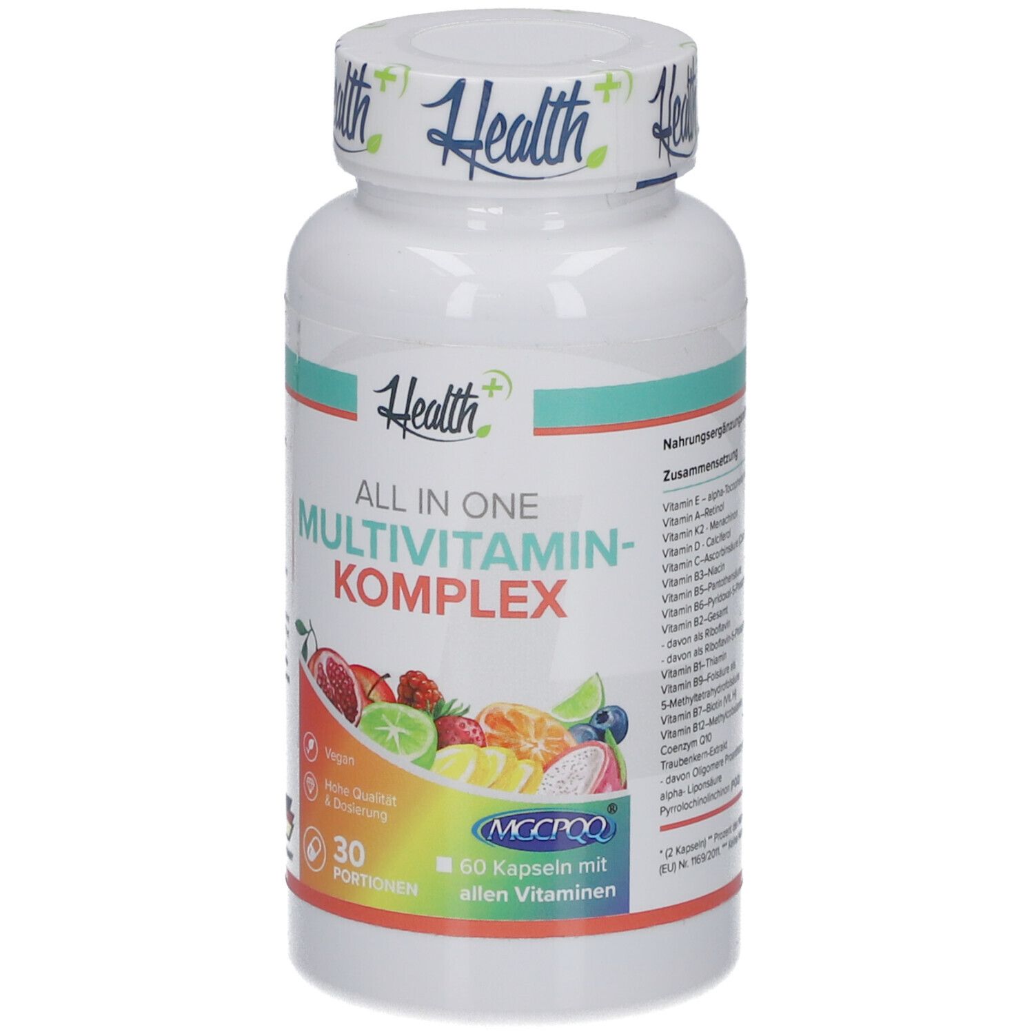 Weiße Flasche HEALTH+ ALL IN ONE Multivitamin Komplex. 60 Kapseln. Nährwertangaben.