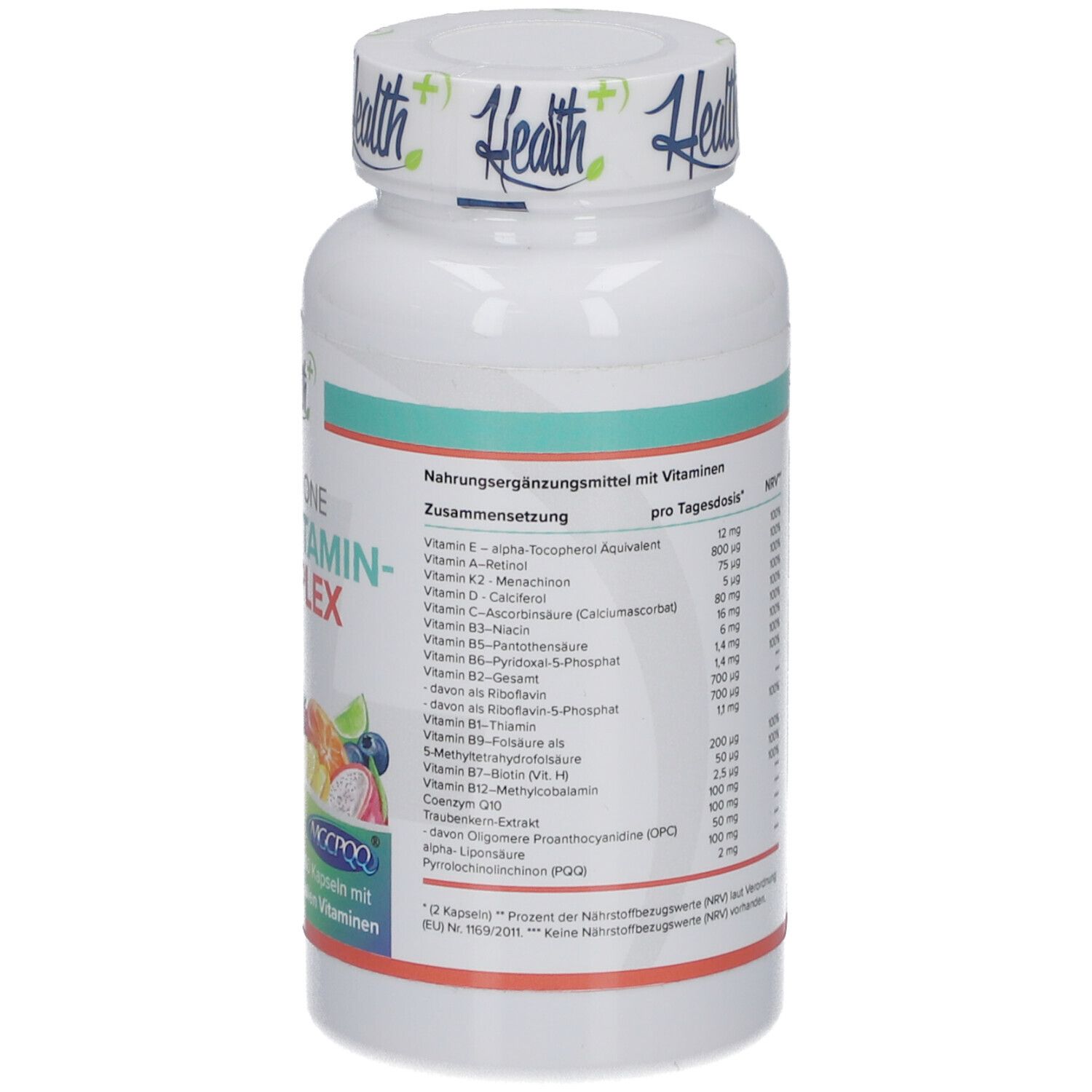 Weiße Flasche HEALTH+ ALL IN ONE Multivitamin Komplex. Nährwertangaben mit Vitaminen pro Tagesdosis.