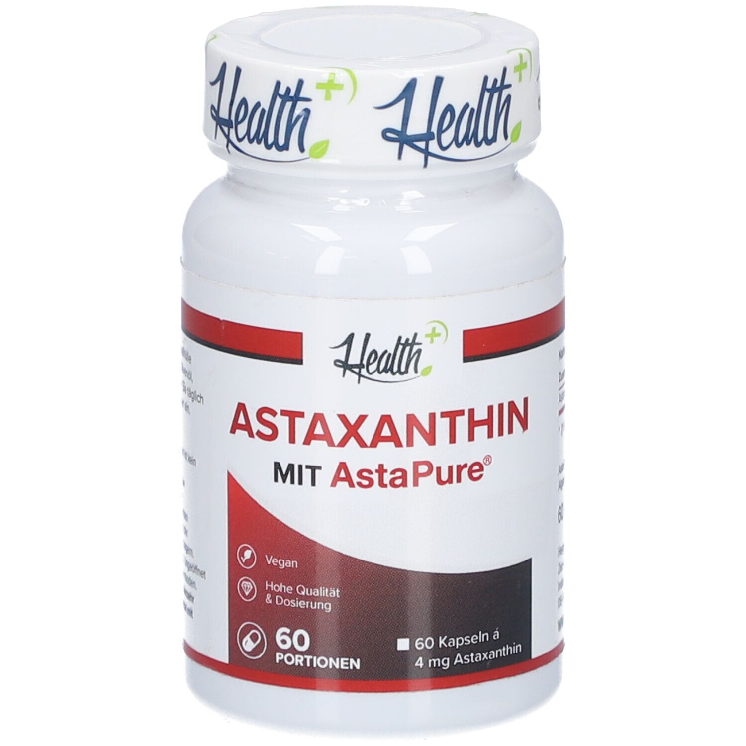 Weiße Flasche mit rotem Streifen. Aufschrift: ASTAXANTHIN, 60 Portionen, 60 Kapseln à 4 mg Astaxanthin. Marke: Health+.