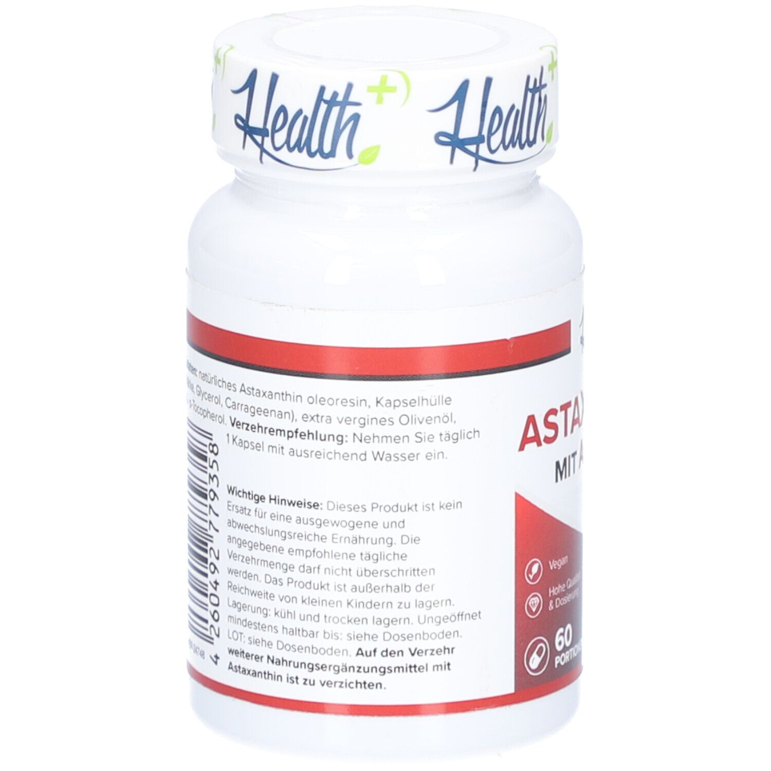 Rückseite der weißen Flasche. Text: Natürliches Astaxanthin, Verzehrempfehlung: 1 Kapsel täglich. Wichtige Hinweise. Marke: Health+.