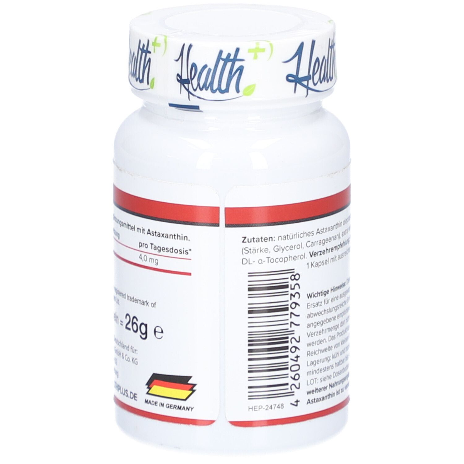 Rückseite der weißen Flasche. Text: 4,0 mg pro Tagesdosis. Zutaten. Hergestellt in Deutschland. Marke: Health+.