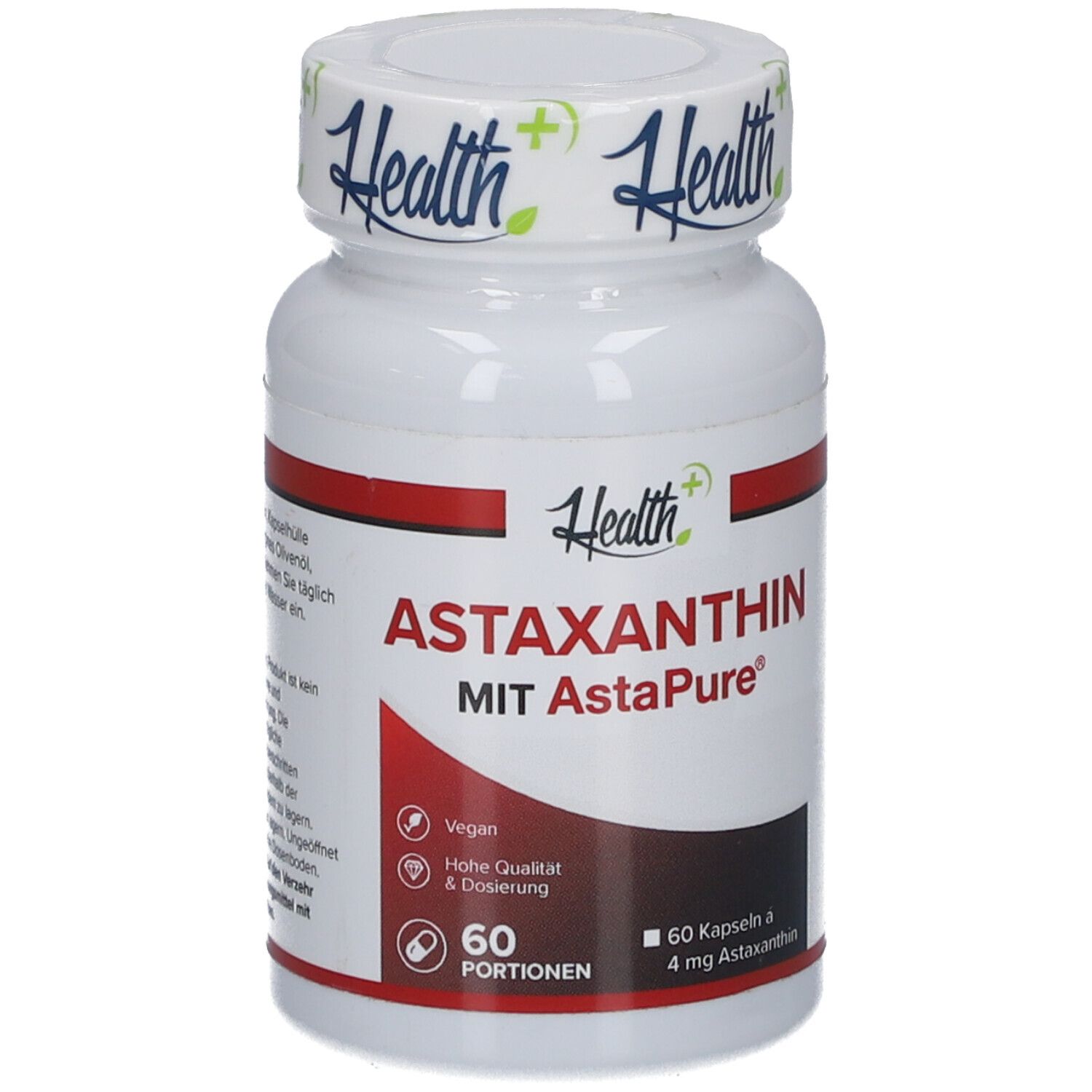 Weiße Flasche mit rotem Streifen. Aufschrift: ASTAXANTHIN, 60 Portionen, 60 Kapseln à 4 mg Astaxanthin. Marke: Health+.