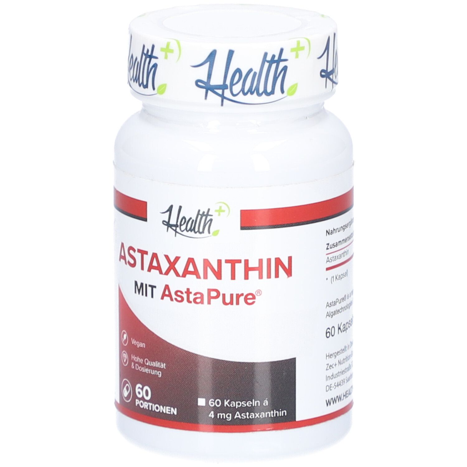 Weiße Flasche mit rotem Streifen. Aufschrift: ASTAXANTHIN, 60 Portionen, 60 Kapseln à 4 mg Astaxanthin. Marke: Health+.