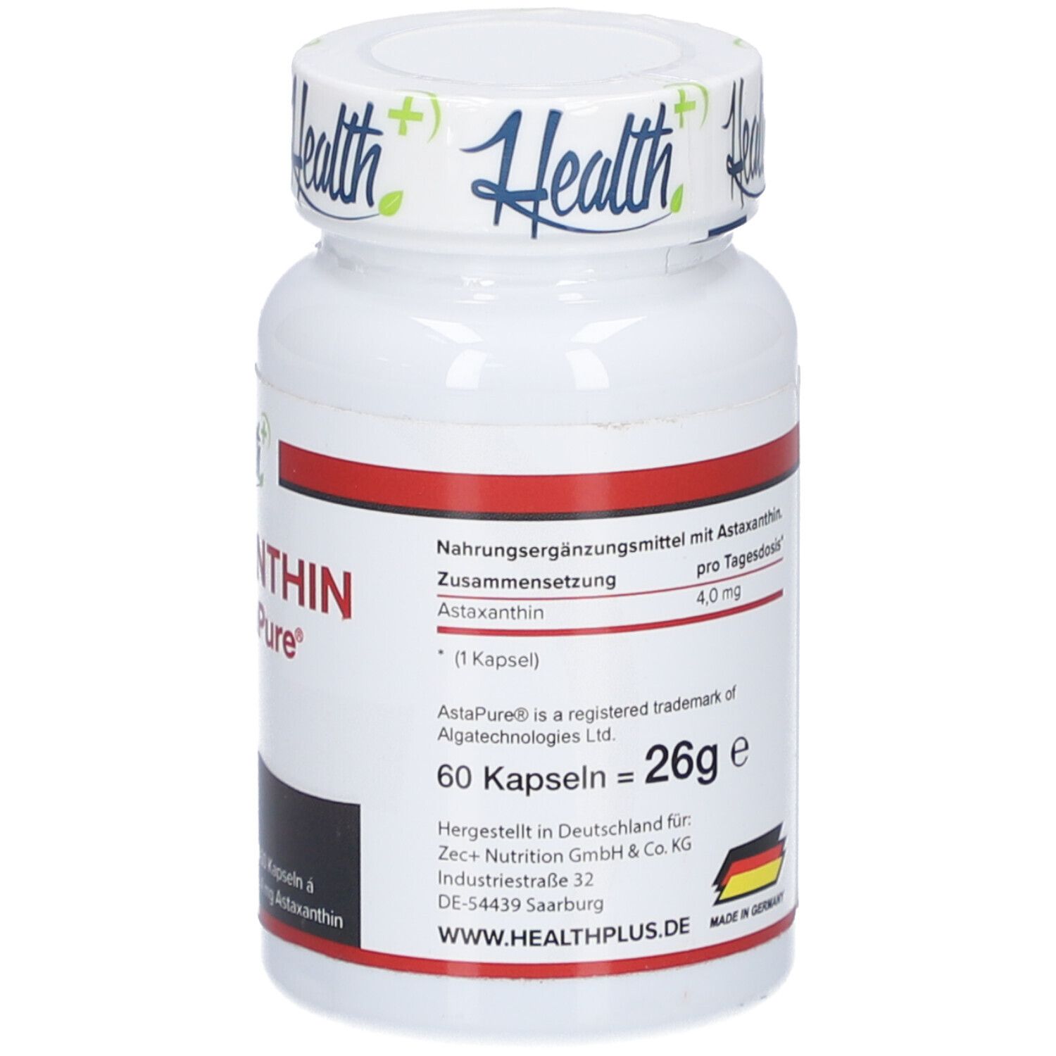Rückseite der weißen Flasche. Text: Zusammensetzung, 4,0 mg pro Tagesdosis. Hergestellt in Deutschland. Marke: Health+.