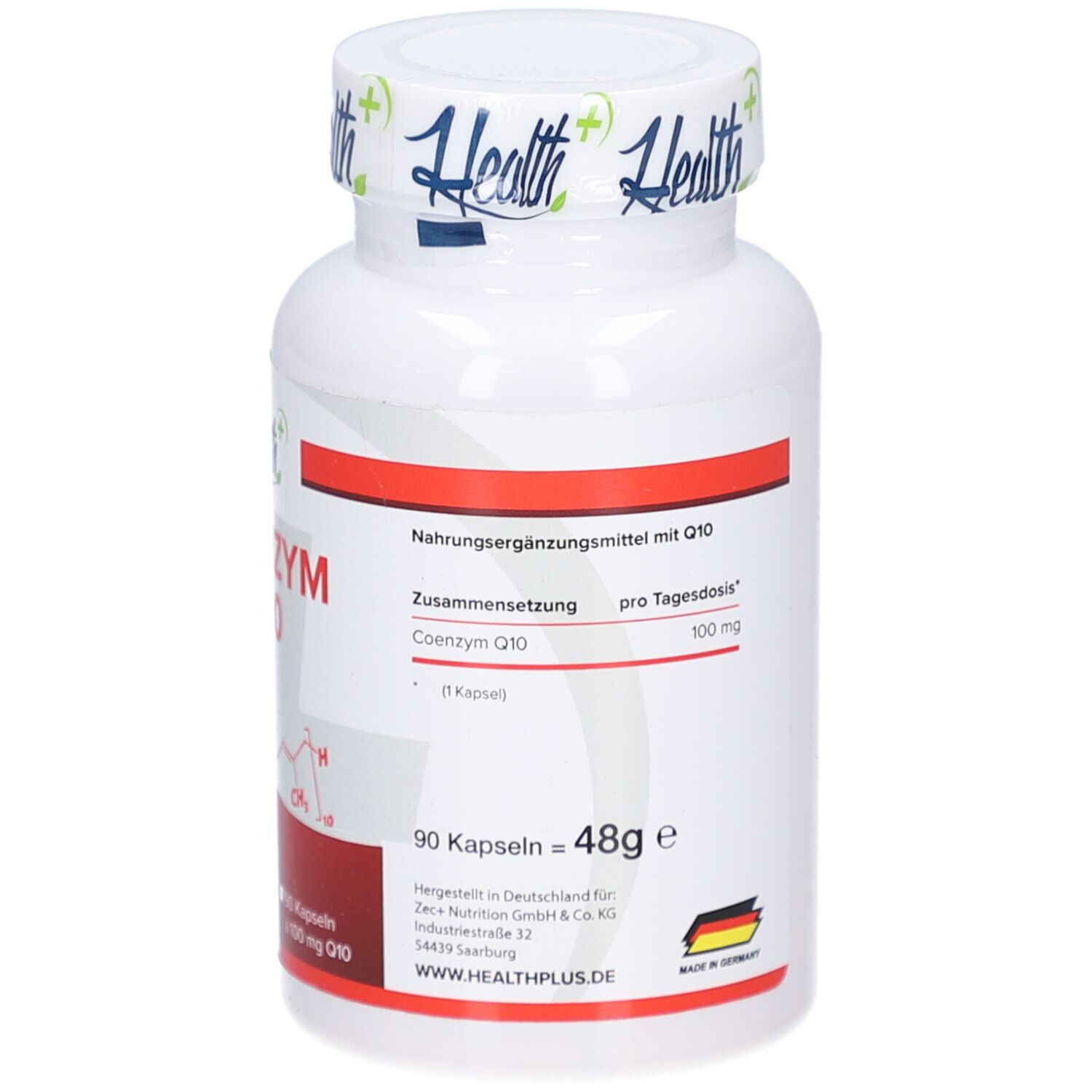 Weiße Flasche mit rotem Etikett. Aufschrift: Health+, Coenzym Q10. Enthält 90 Kapseln. Hergestellt in Deutschland.