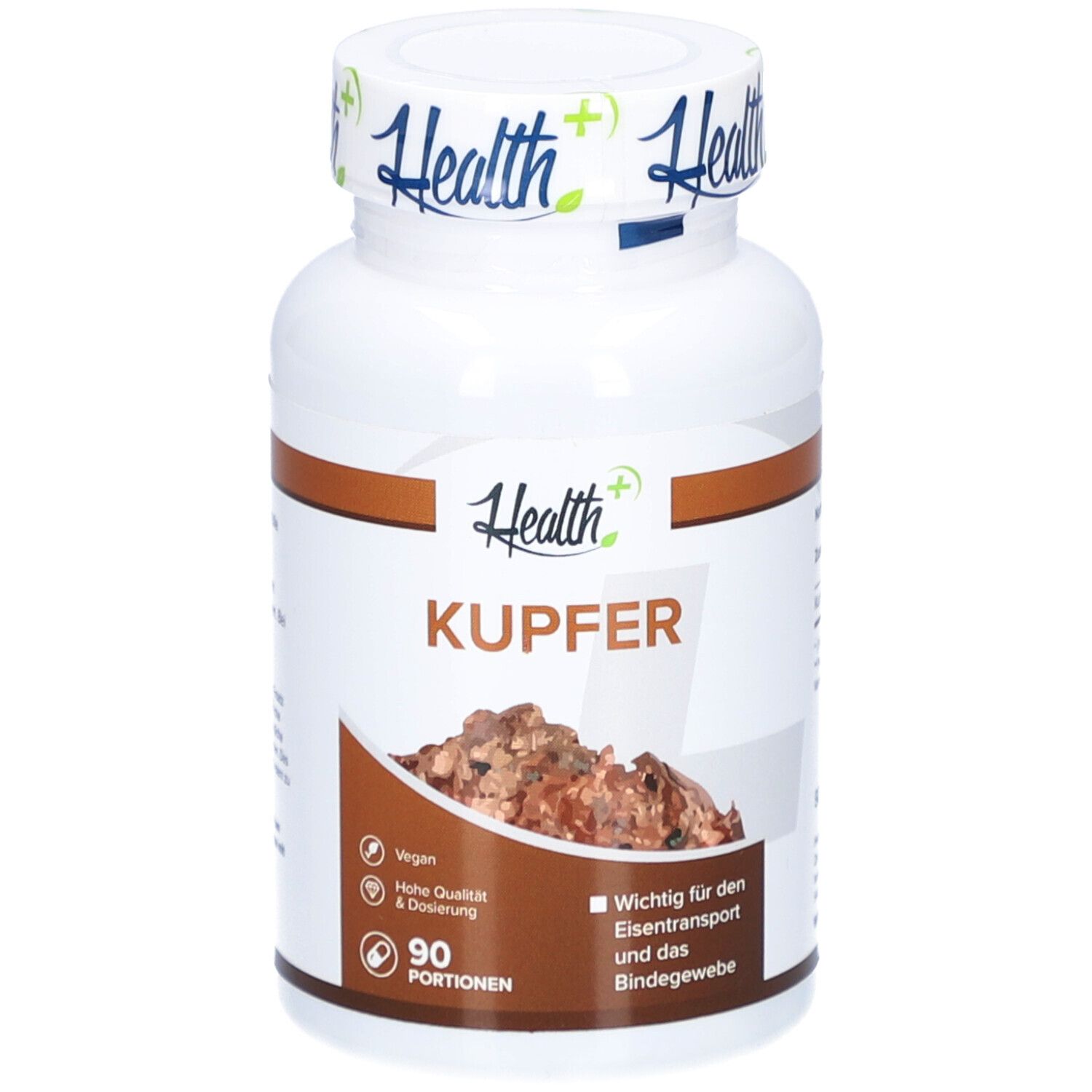 Weiße Flasche mit HEALTH+ KUPFER-Etikett. Enthält 90 Portionen. Vegan, hohe Qualität.