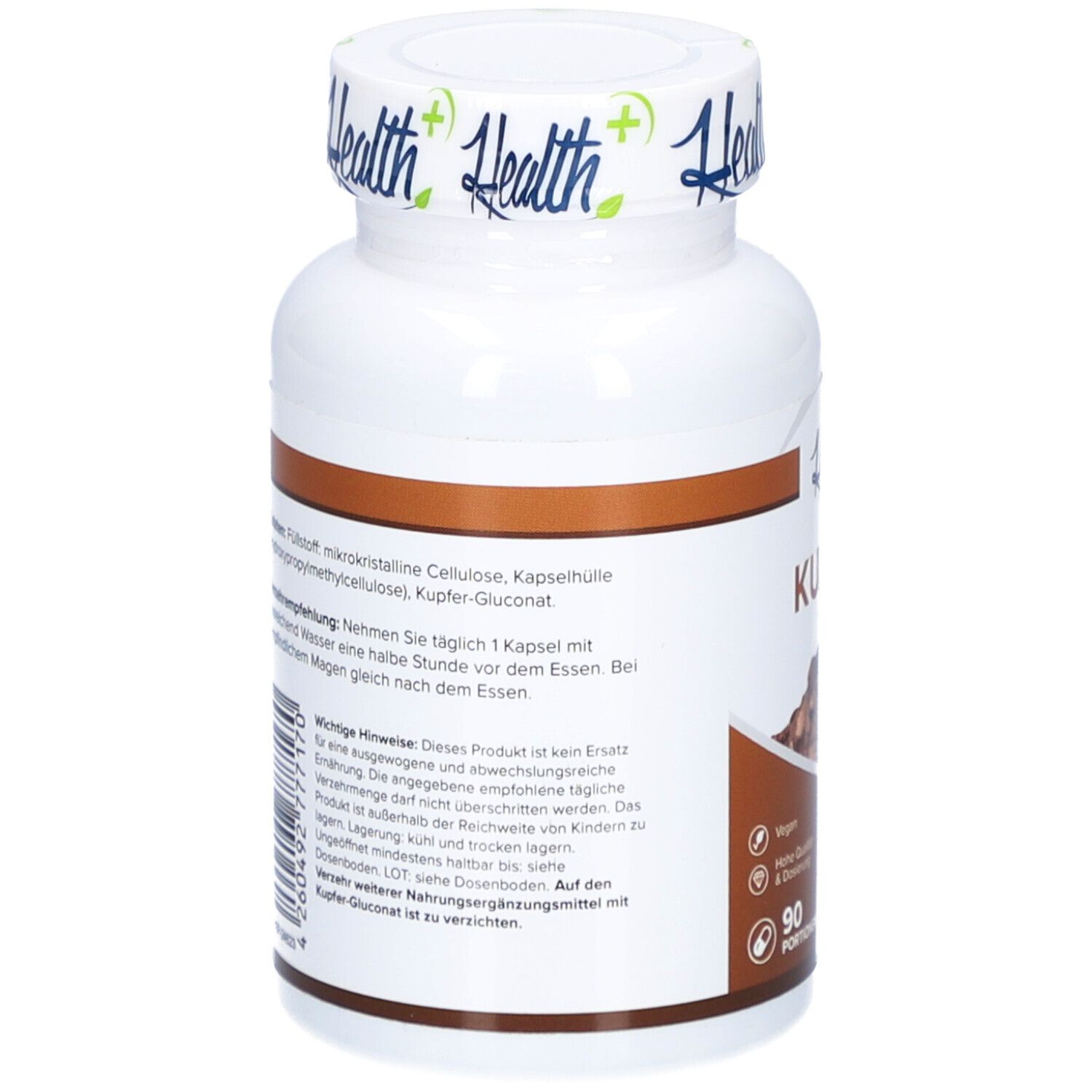 Rückseite der weißen Flasche HEALTH+ KUPFER. Enthält Informationen zu Inhaltsstoffen und Anwendung.
