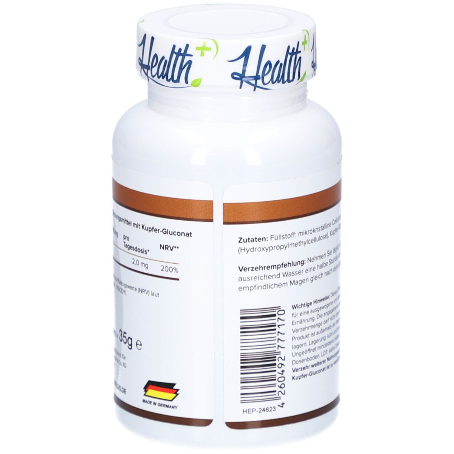Rückseite der weißen Flasche HEALTH+ KUPFER. Enthält Nährwertangaben, Barcode und Herkunft.