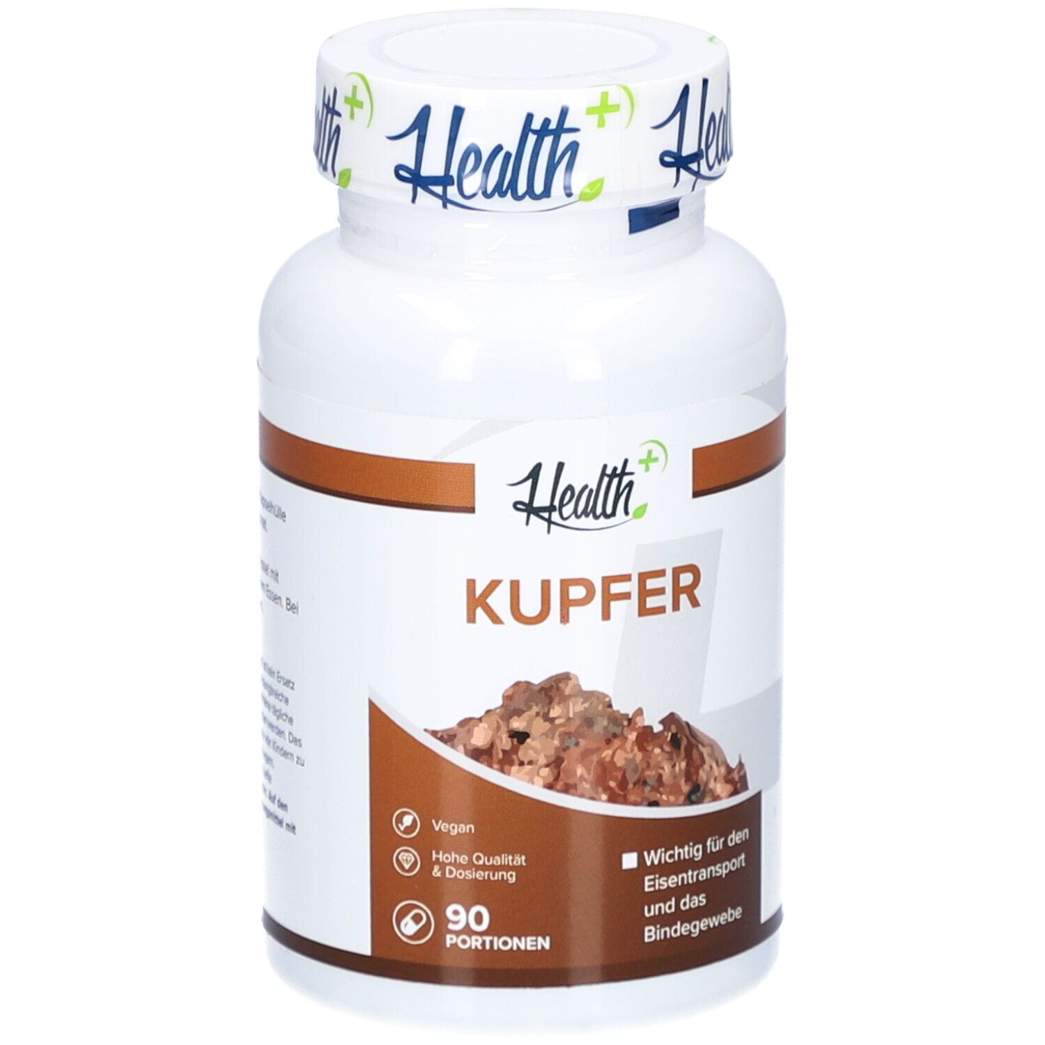 Weiße Flasche HEALTH+ KUPFER. Etikett mit Produktnamen, 90 Portionen, vegan.