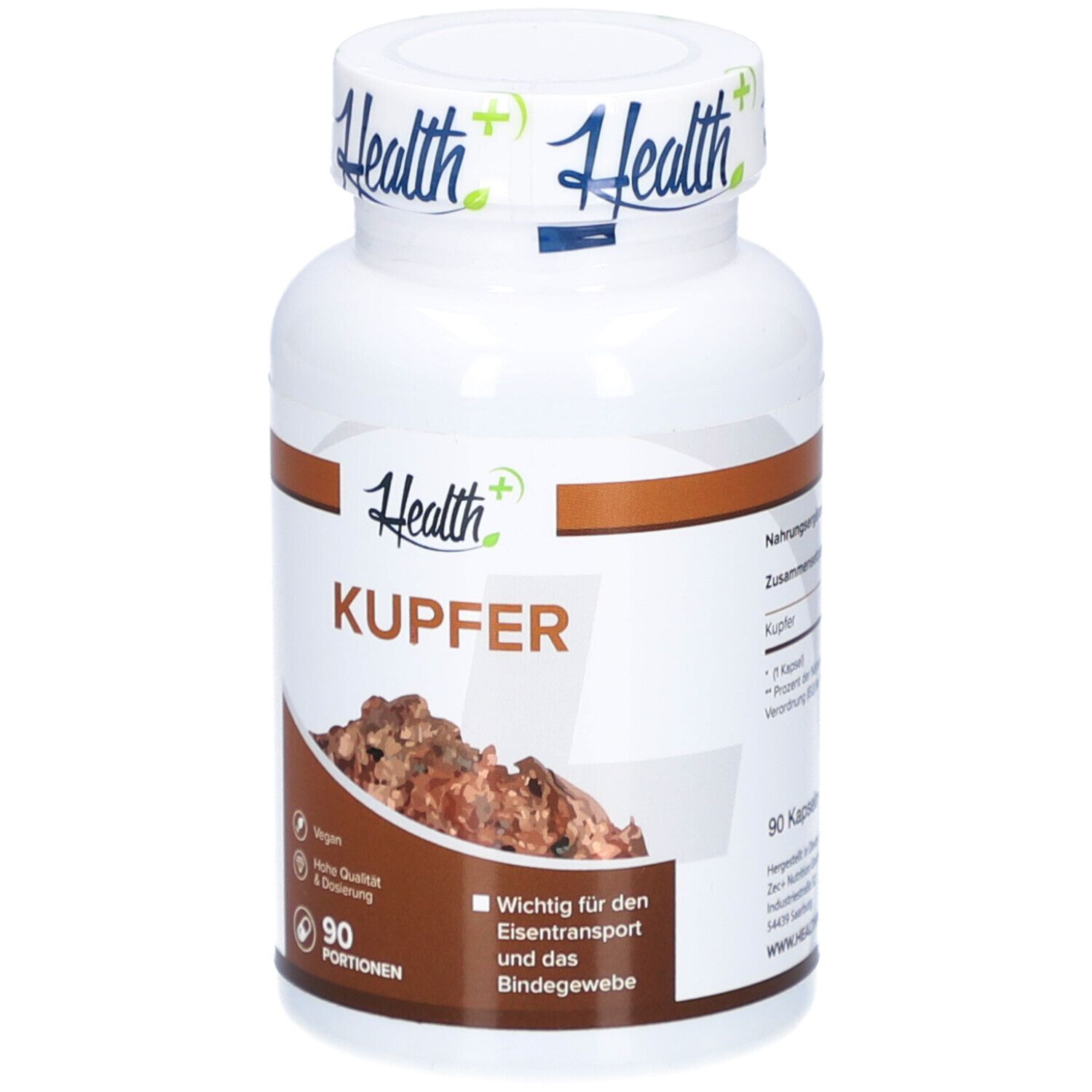 Weiße Flasche HEALTH+ KUPFER. Etikett mit Produktnamen, 90 Portionen, vegan.