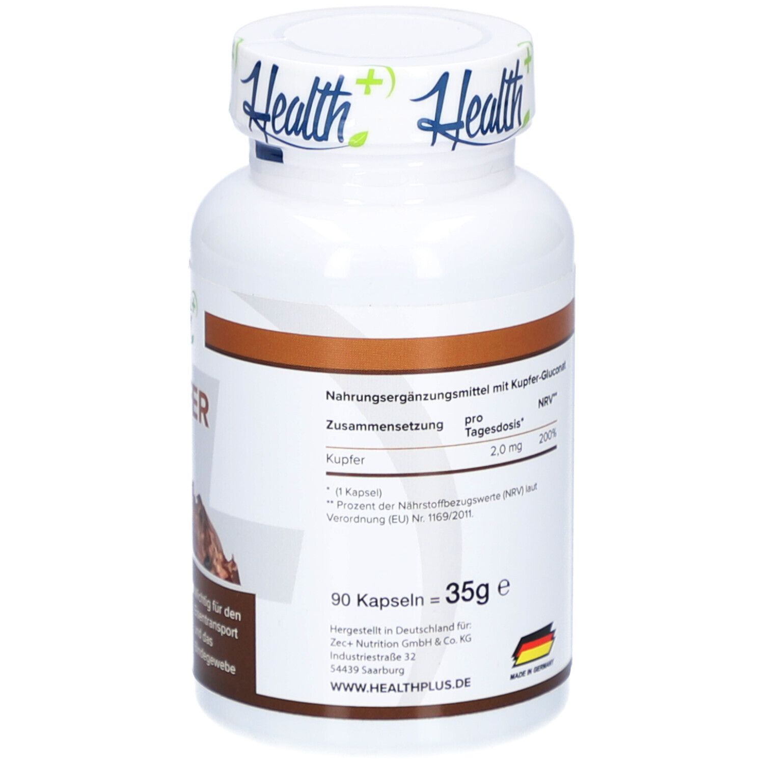 Rückseite der weißen Flasche HEALTH+ KUPFER. Enthält Nährwertangaben, 90 Kapseln, 35g.