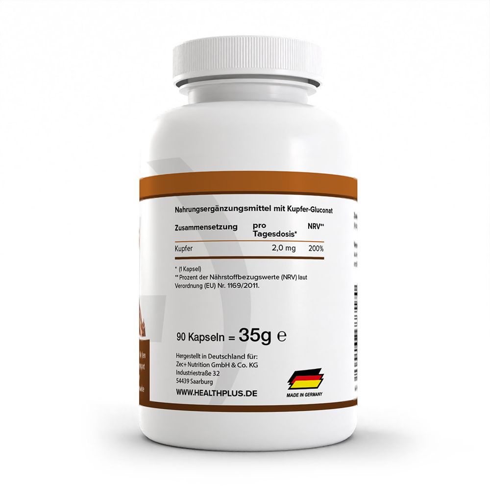 Rückseite einer Dose HEALTH+ KUPFER mit Nährwertangaben und Herstellerinformationen.