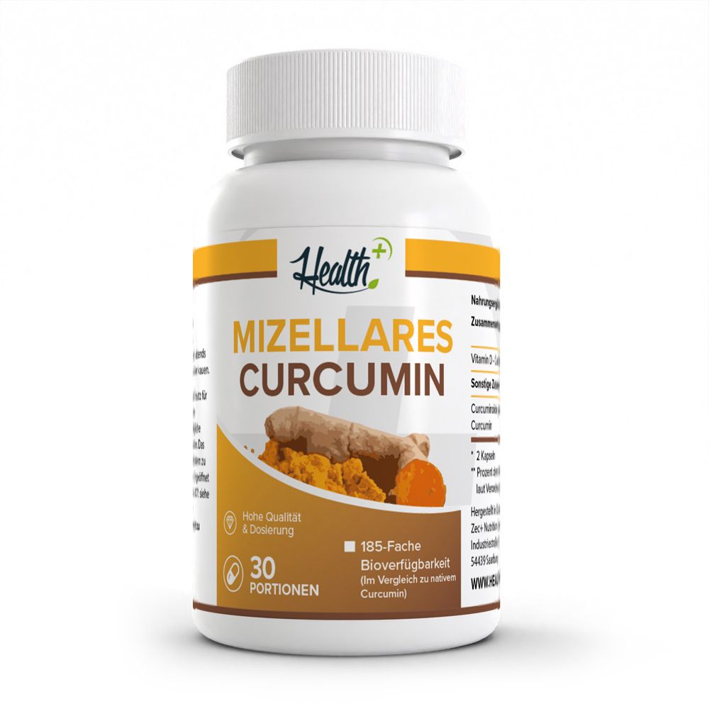 HEALTH+ Mizellares Curcumin Kapselbehälter mit Kurkuma-Abbildung und Dosierungsangabe.
