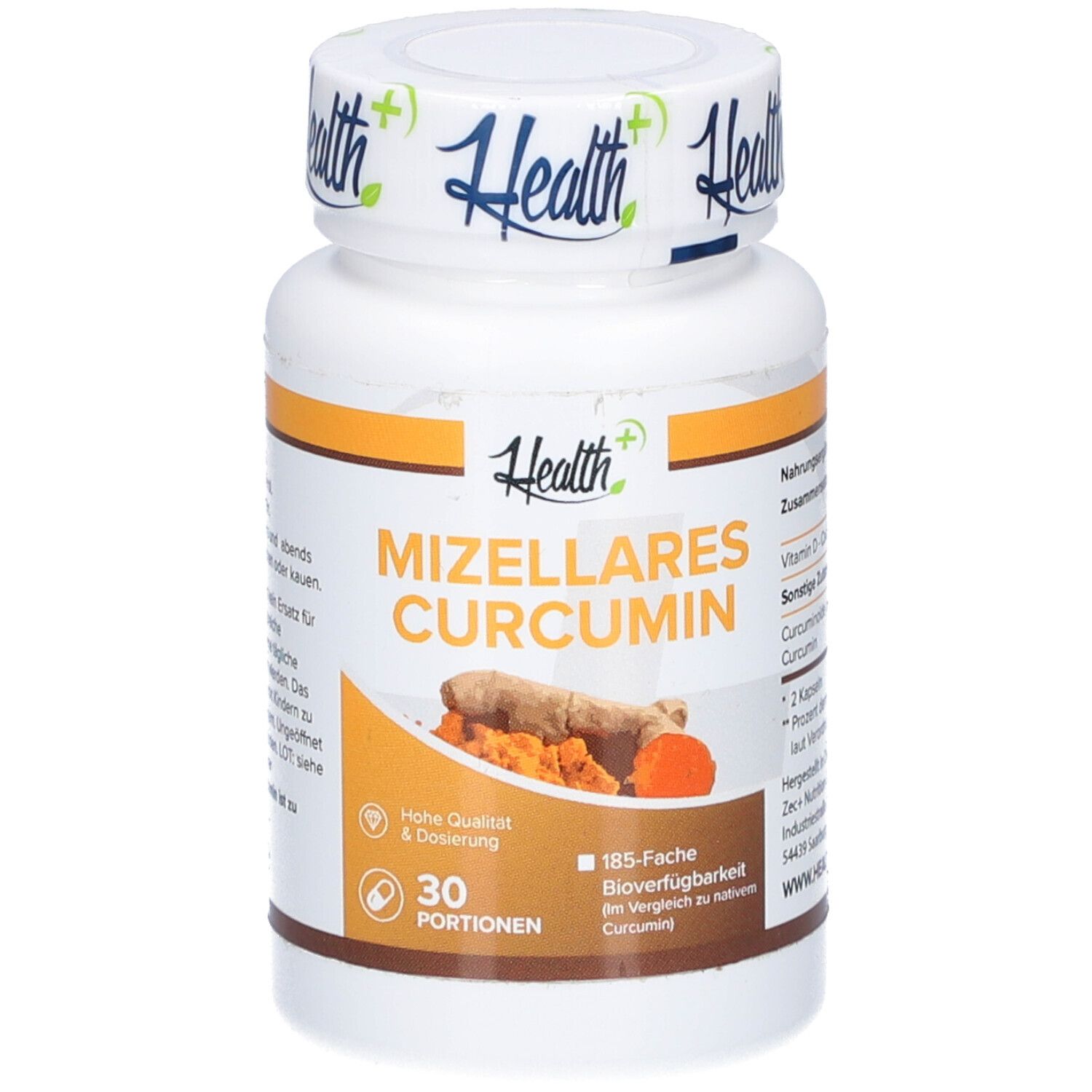 Weiße Flasche mit orangefarbenen Akzenten. Aufschrift: HEALTH+ MIZELLARES CURCUMIN. Abbildung von Kurkuma-Wurzeln. 30 Portionen.