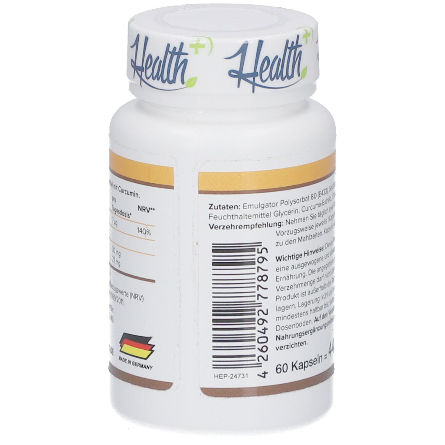 Rückseite der weißen Flasche. Barcode und Text mit Inhaltsstoffen. Hergestellt in Deutschland.