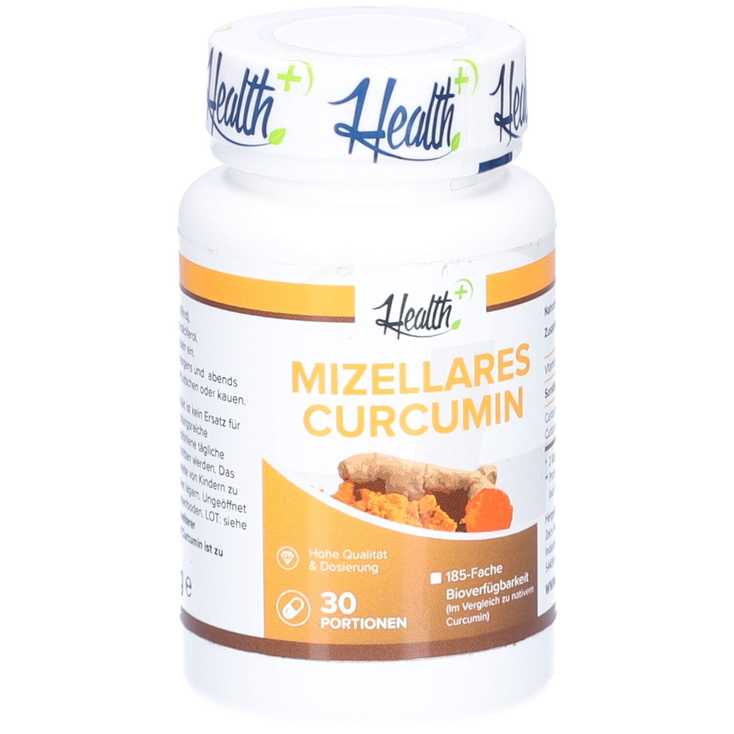 Weiße Flasche mit orangefarbenen Akzenten. Aufschrift: HEALTH+ MIZELLARES CURCUMIN. Abbildung von Kurkuma-Wurzeln. 30 Portionen.