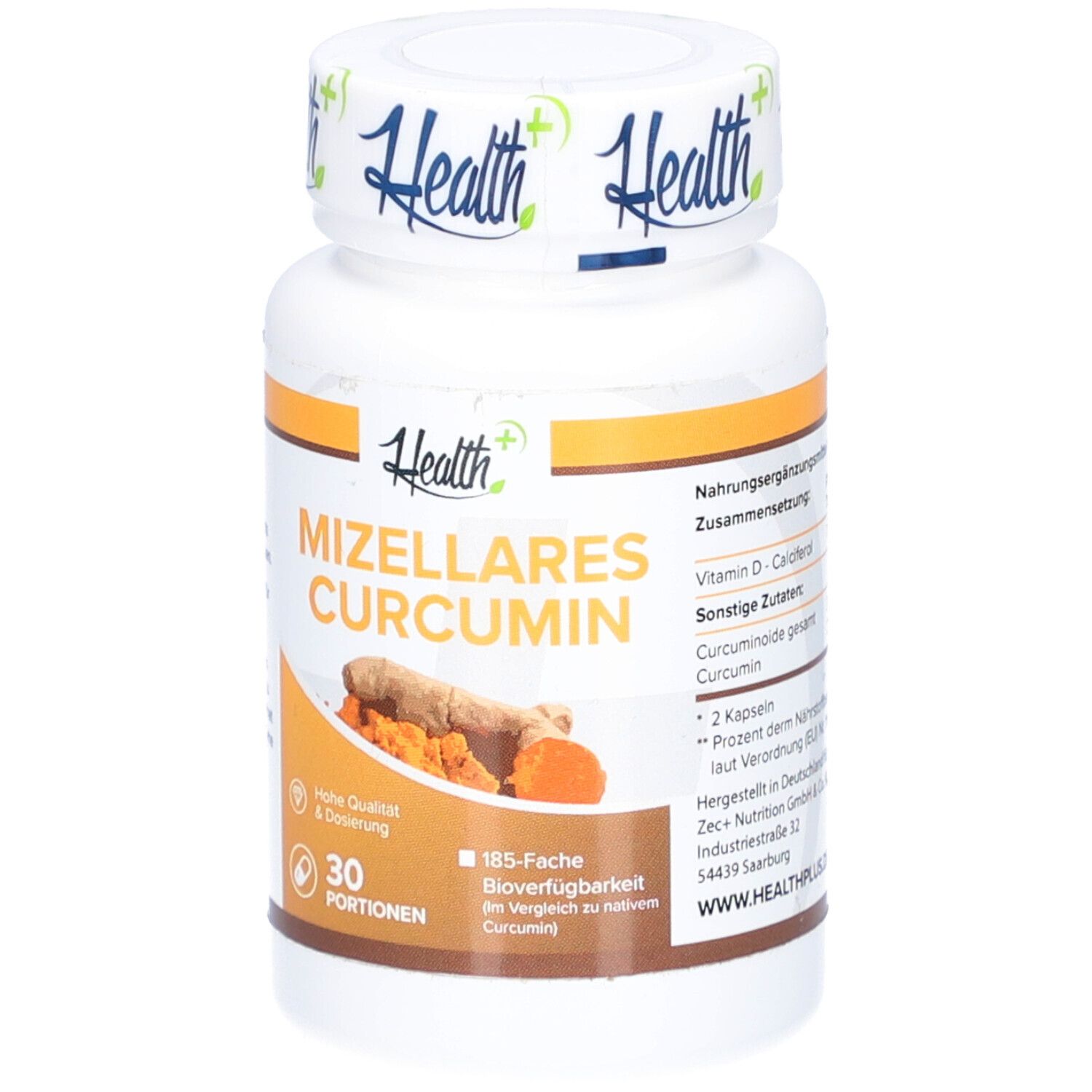 Weiße Flasche mit orangefarbenen Akzenten. Aufschrift: HEALTH+ MIZELLARES CURCUMIN. Abbildung von Kurkuma-Wurzeln. 30 Portionen.