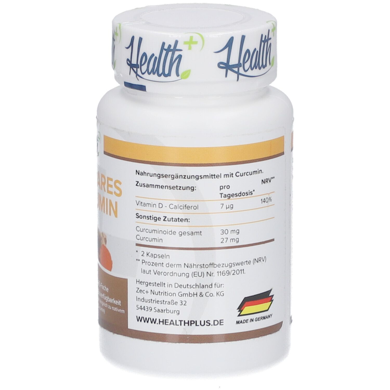 Rückseite der weißen Flasche. Text mit Inhaltsstoffen und Nährwertangaben. Hergestellt in Deutschland.