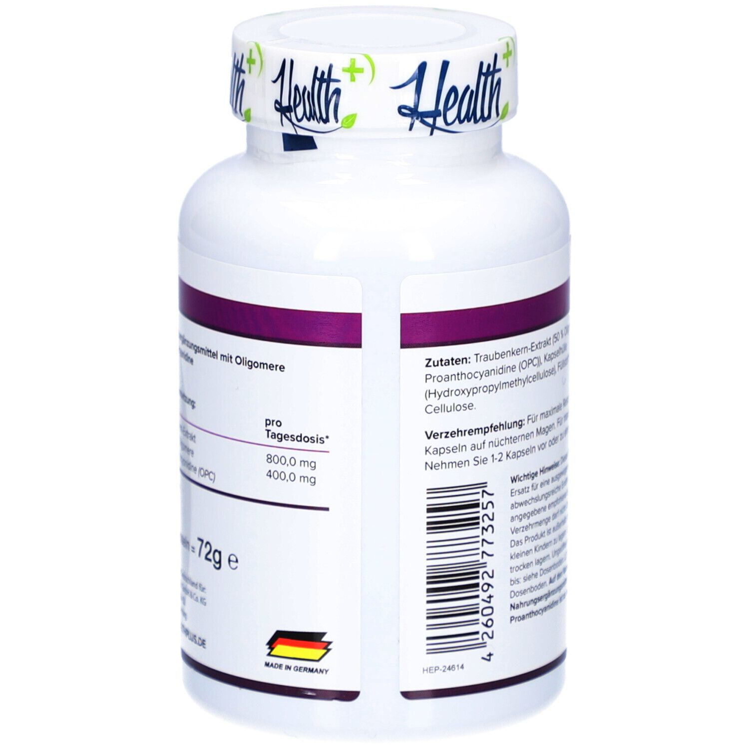 Rückseite der weißen Flasche. Text mit Inhaltsstoffen und Dosierung. Hergestellt in Deutschland. 72g.