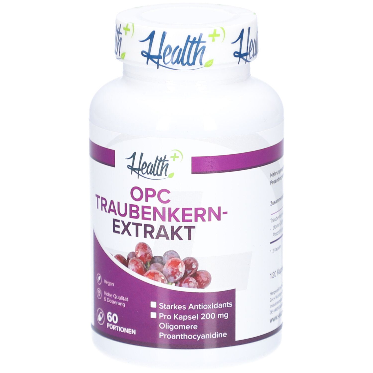 Weiße Flasche mit lila Etikett. Aufschrift: OPC Traubenkern-Extrakt. 60 Portionen. Abbildung von Trauben.