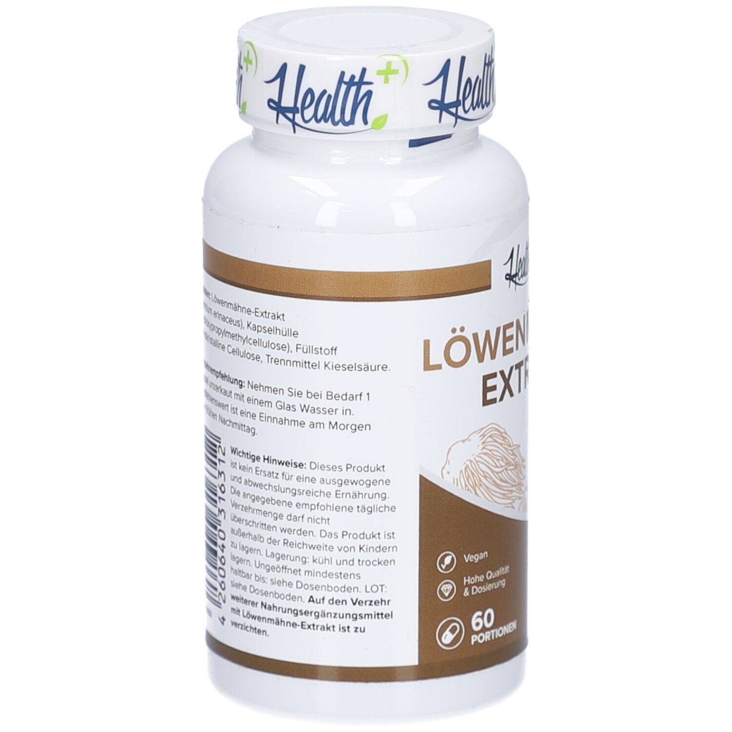 Weiße Flasche mit braunem Etikett. Aufschrift: HEALTH+ LÖWENMÄHNE-EXTRAKT. Text mit Inhaltsstoffen und Anwendungshinweisen.