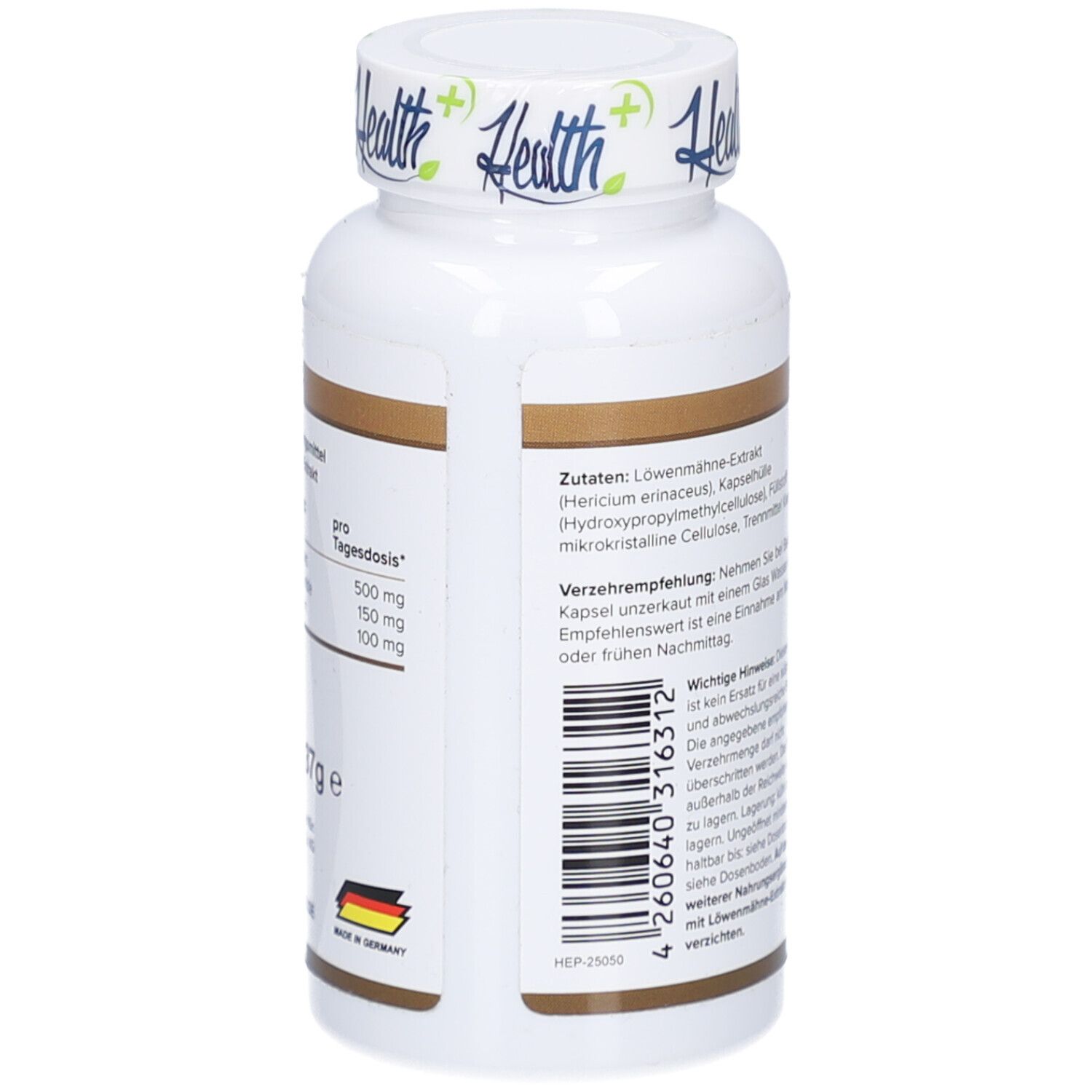 Weiße Flasche mit braunem Etikett. Aufschrift: HEALTH+ LÖWENMÄHNE-EXTRAKT. Rückseite mit Inhaltsstoffen und Herstellerinformationen. Made in Germany.