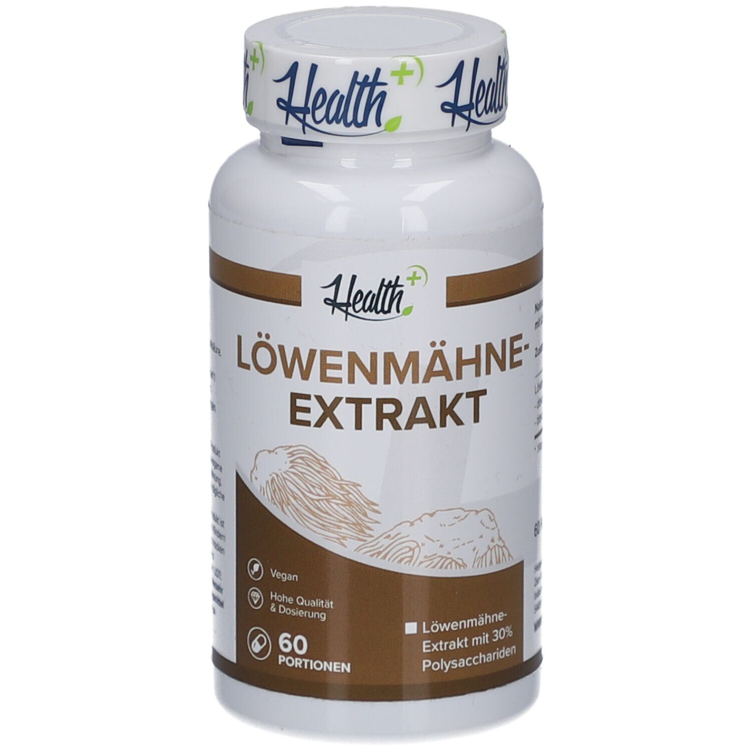 Weiße Flasche mit braunem Etikett. Aufschrift: HEALTH+ LÖWENMÄHNE-EXTRAKT. 60 Portionen. Vegan. Hohe Qualität & Dosierung.