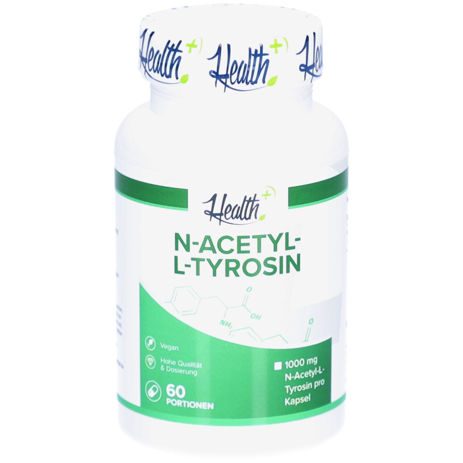 Weiße Flasche mit grünem Etikett. Aufschrift: N-ACETYL-L-TYROSIN. Enthält 60 Portionen. 1000 mg N-Acetyl-L-Tyrosin pro Kapsel.