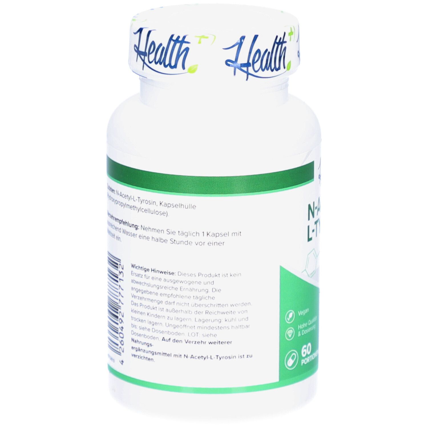 Rückseite der weißen Flasche mit grünem Etikett. Text: N-Acetyl-L-Tyrosin, Kapselhülle, Hydroxypropylmethylcellulose. 60 Portionen.
