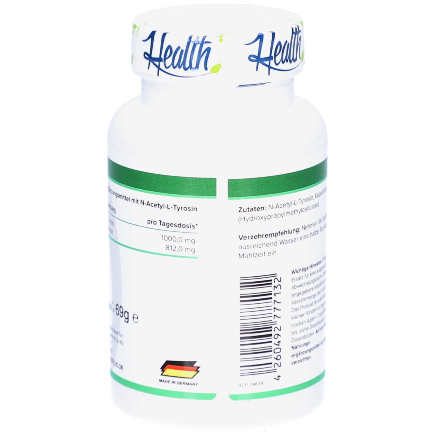 Rückseite der weißen Flasche mit grünem Etikett. Zutaten: N-Acetyl-L-Tyrosin. Hergestellt in Deutschland. 60 Portionen.