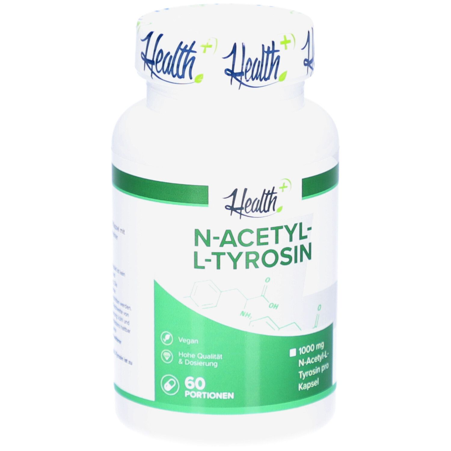 Weiße Flasche mit grünem Etikett. Aufschrift: N-ACETYL-L-TYROSIN. Enthält 60 Portionen. 1000 mg N-Acetyl-L-Tyrosin pro Kapsel.