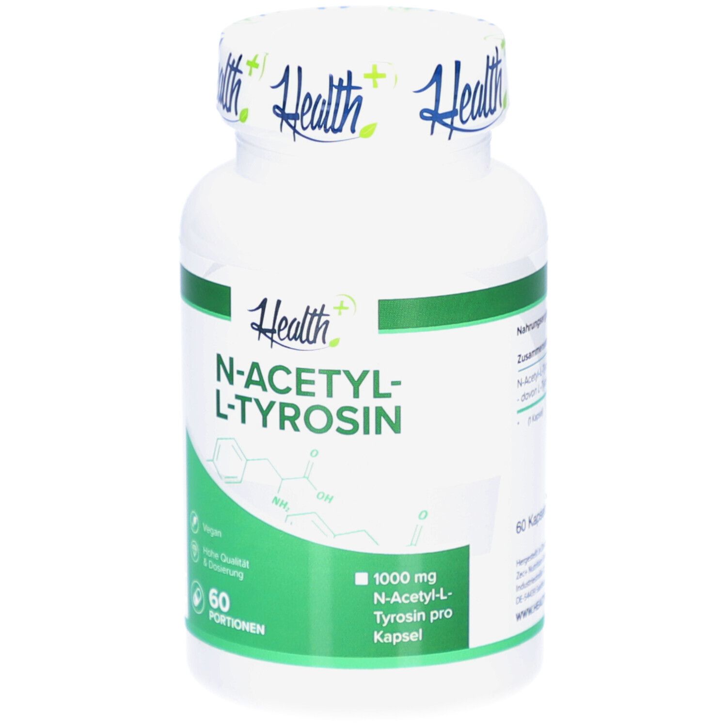 Weiße Flasche mit grünem Etikett. Aufschrift: N-ACETYL-L-TYROSIN. Enthält 60 Portionen. 1000 mg N-Acetyl-L-Tyrosin pro Kapsel.