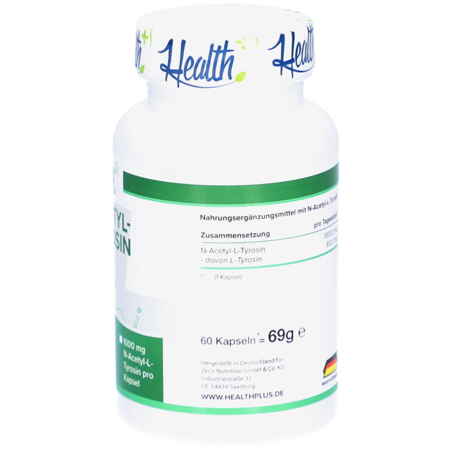 Weiße Flasche mit grünem Etikett. Aufschrift: N-ACETYL-L-TYROSIN. Enthält 60 Kapseln. 69g. Hergestellt in Deutschland.