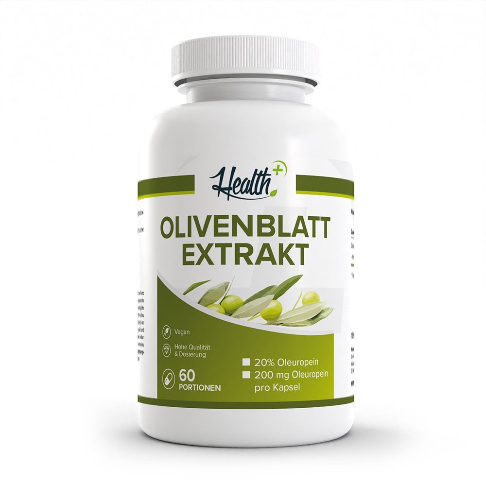 Weiße Dose mit Olivenblatt-Extrakt Kapseln. Enthält 60 Portionen, 20% Oleuropein pro Kapsel.