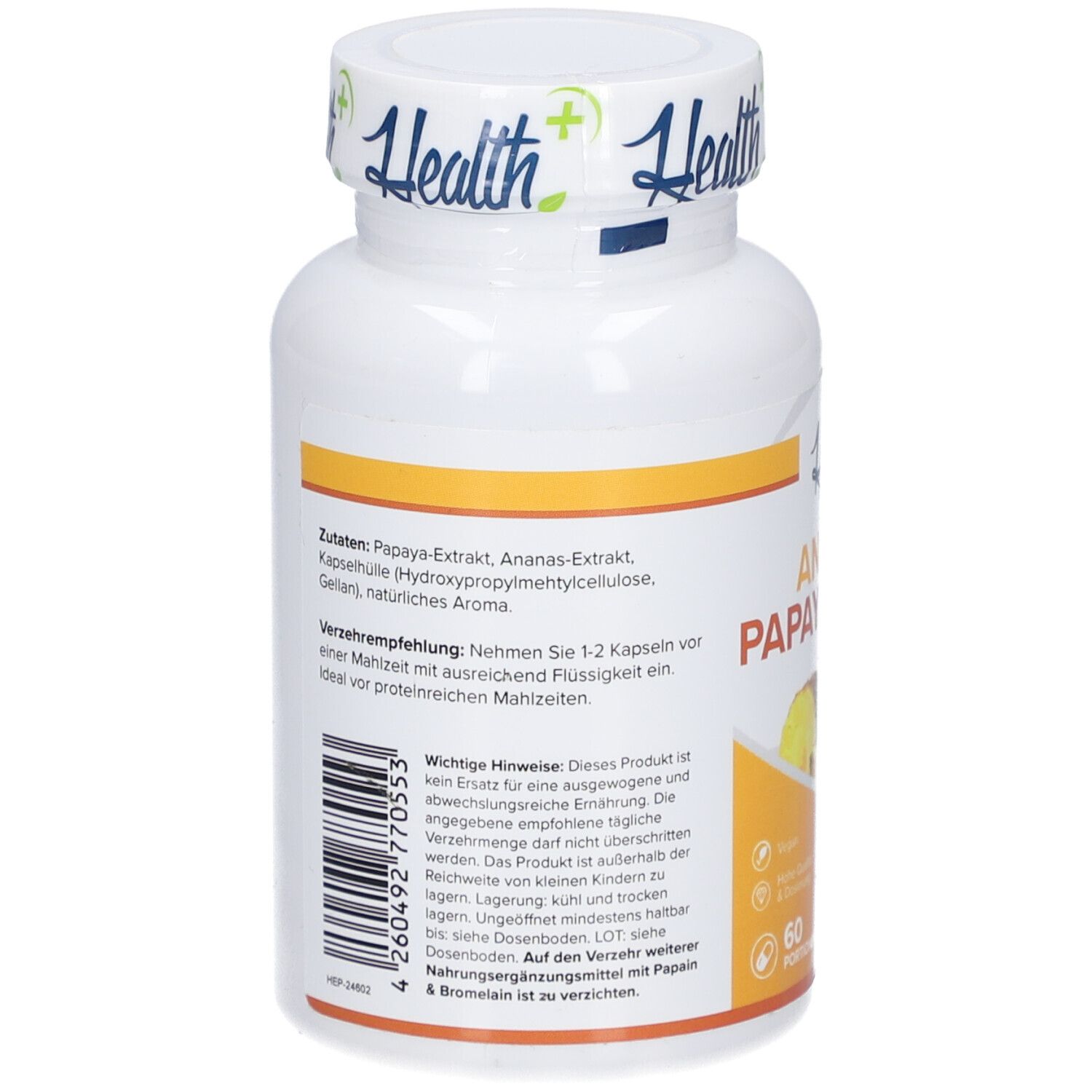 Rückseite der weißen Flasche mit HEALTH+ ANANAS PAPAYA ENZYM. Zutatenliste und Anwendungshinweise. 60 Kapseln.