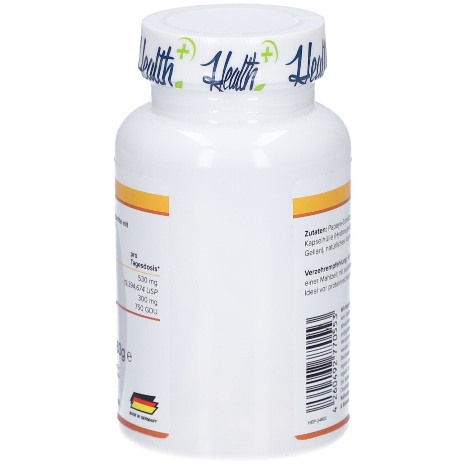 Weiße Flasche mit HEALTH+ ANANAS PAPAYA ENZYM. Seitenansicht mit Nährwertangaben. Hergestellt in Deutschland.