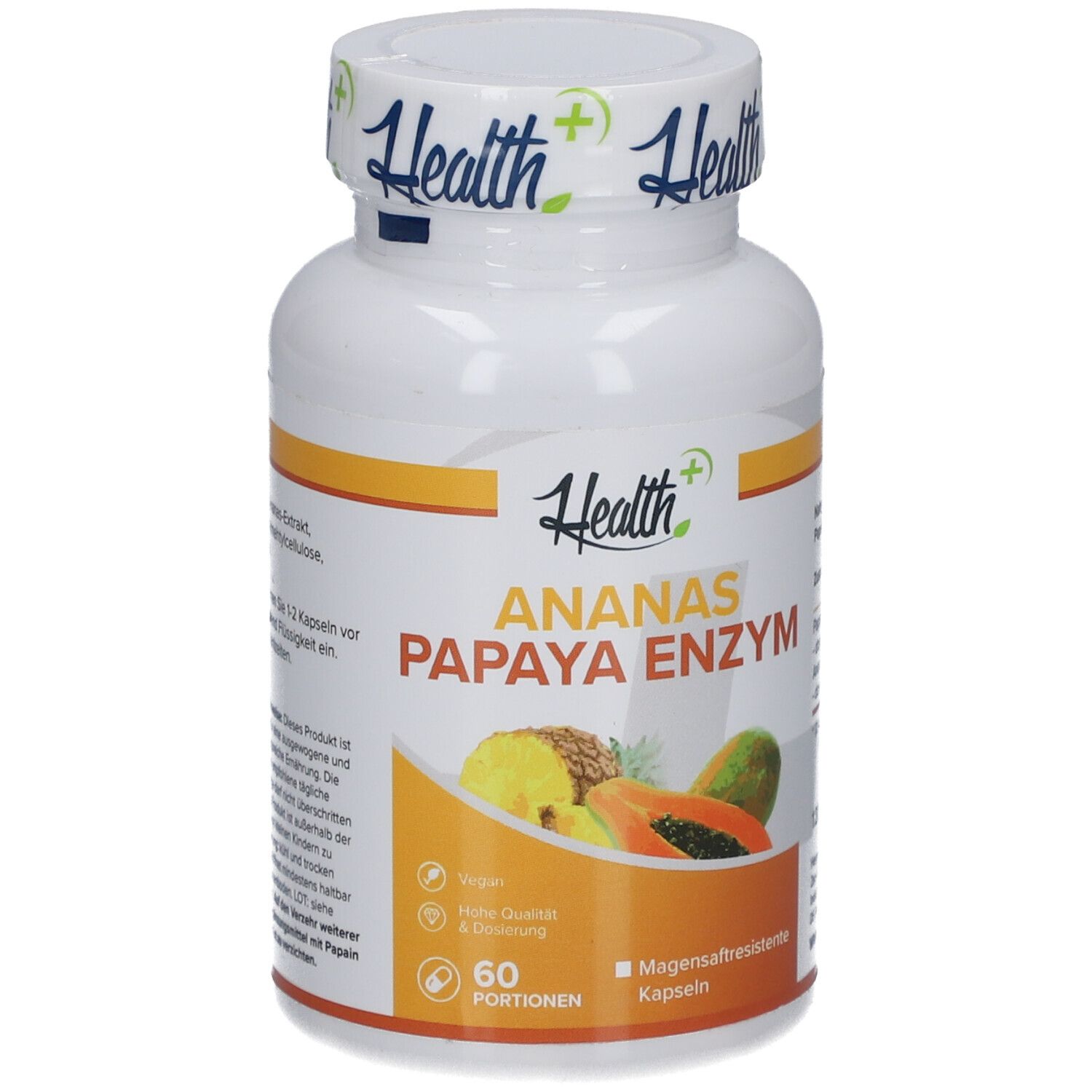Weiße Flasche mit HEALTH+ ANANAS PAPAYA ENZYM. Abbildung von Ananas und Papaya. 60 Portionen. Vegan.