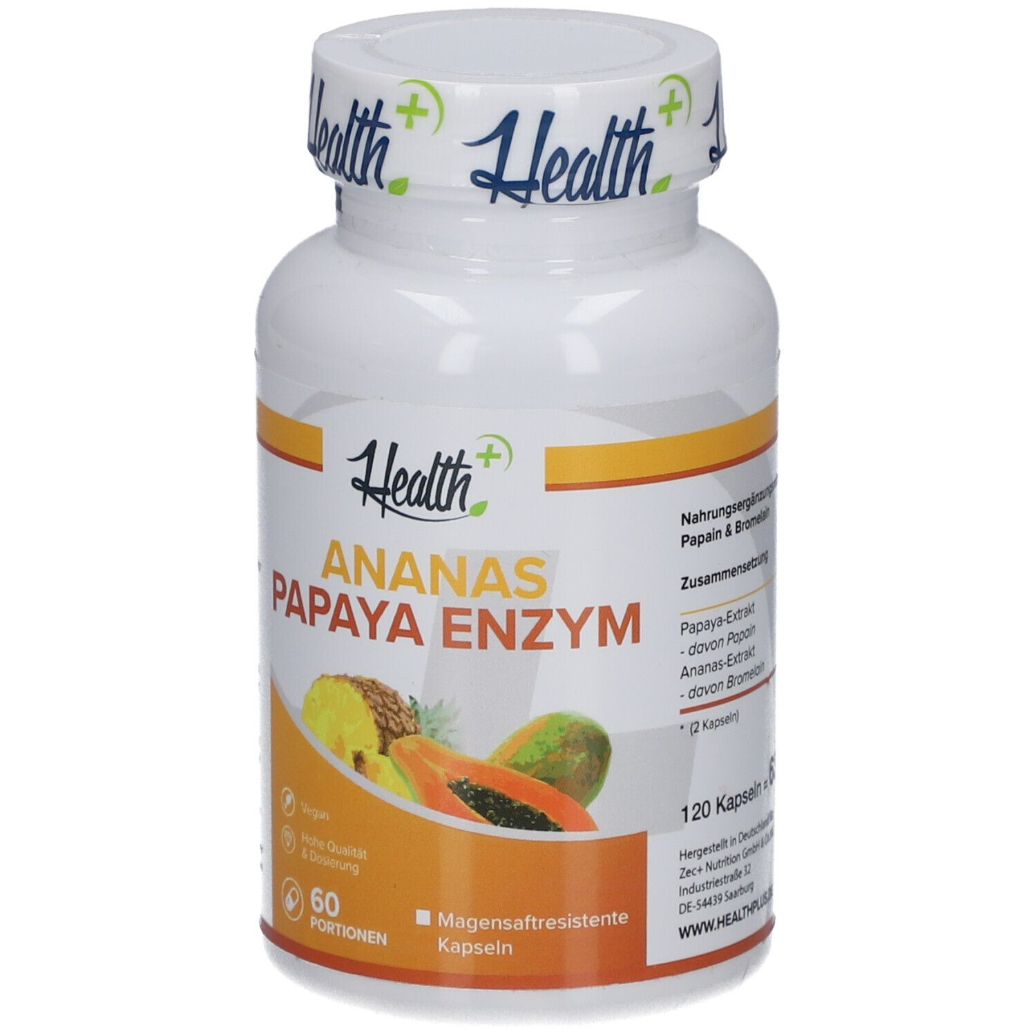 Weiße Flasche mit HEALTH+ ANANAS PAPAYA ENZYM. Abbildung von Ananas und Papaya. 120 Kapseln. Vegan.