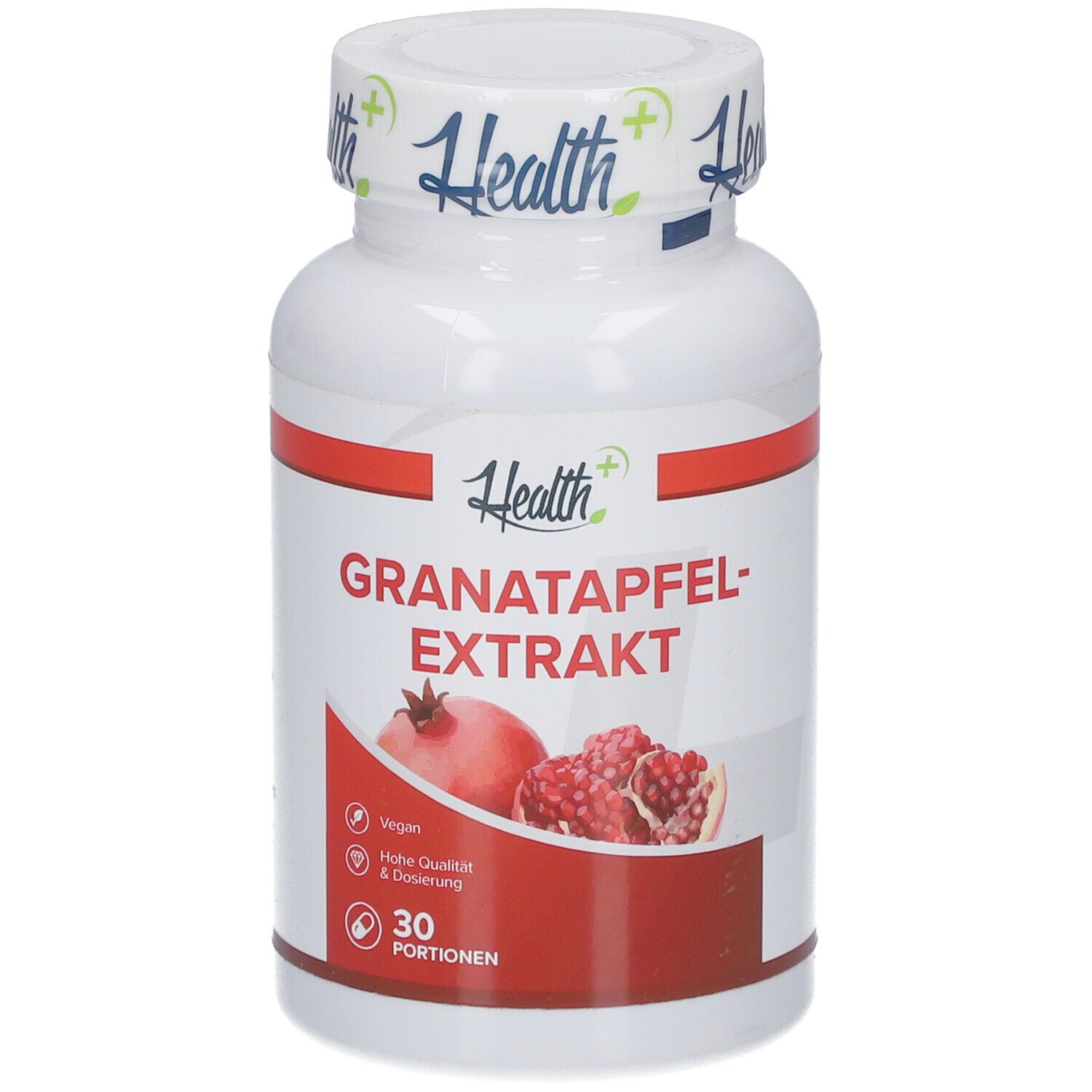 Weiße Flasche mit rotem Etikett. Aufschrift: Granatapfelextrakt. Abbildung von Granatapfel. 30 Portionen.