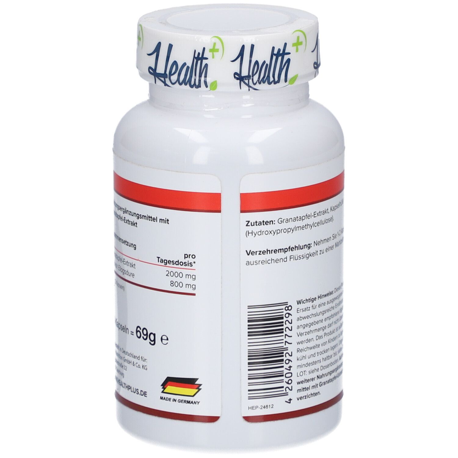Rückseite der weißen Flasche. Angaben zu Inhaltsstoffen und Tagesdosis. Hergestellt in Deutschland. Gewicht: 69g.