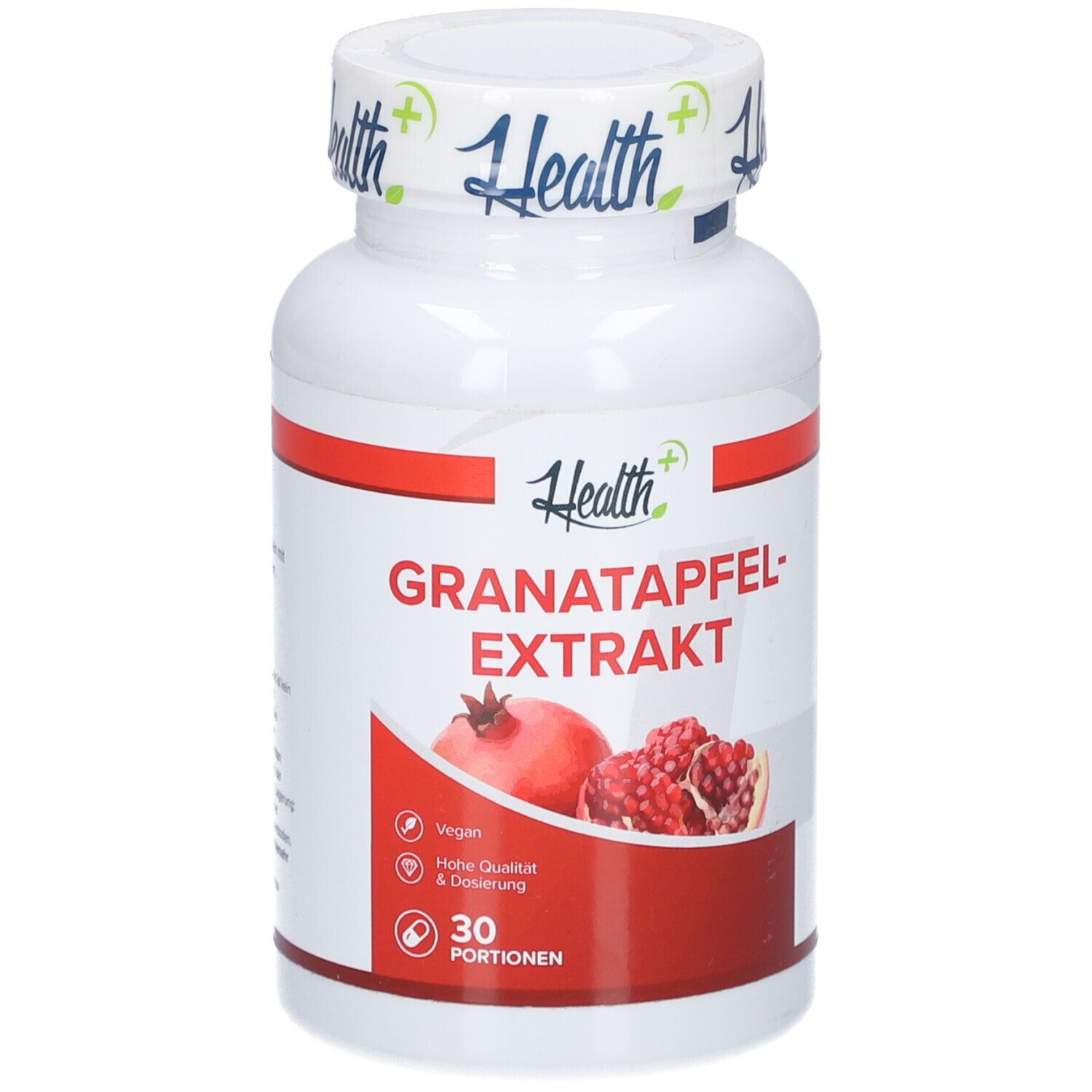Weiße Flasche mit rotem Etikett. Aufschrift: Granatapfelextrakt. Abbildung von Granatapfel. 30 Portionen.