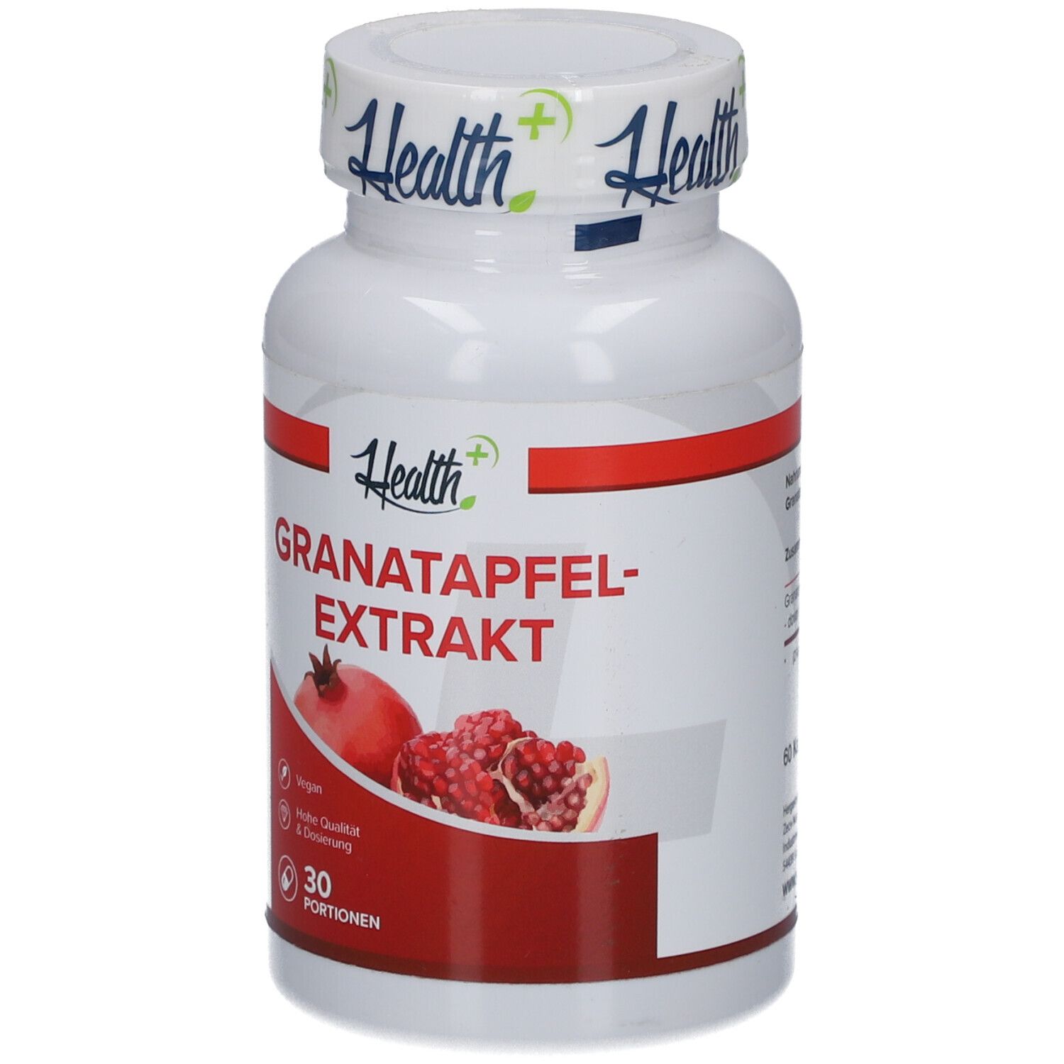 Weiße Flasche mit rotem Etikett. Aufschrift: Granatapfelextrakt. Abbildung von Granatapfel. 30 Portionen.