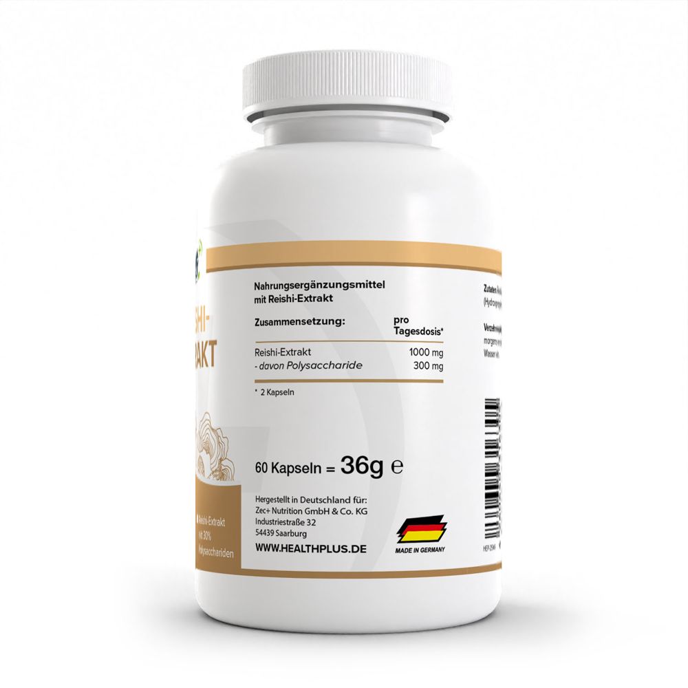 Weiße Dose mit Reishi-Extrakt Kapseln, 60 Stück. Enthält Informationen zu Inhaltsstoffen und Herstellung.