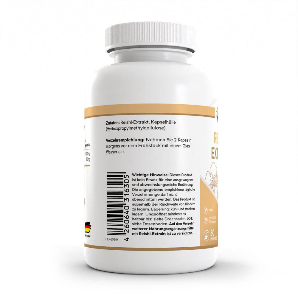 Rückseite einer Dose mit Reishi-Extrakt Kapseln. Enthält Zutatenliste, Verzehrempfehlung und wichtige Hinweise.