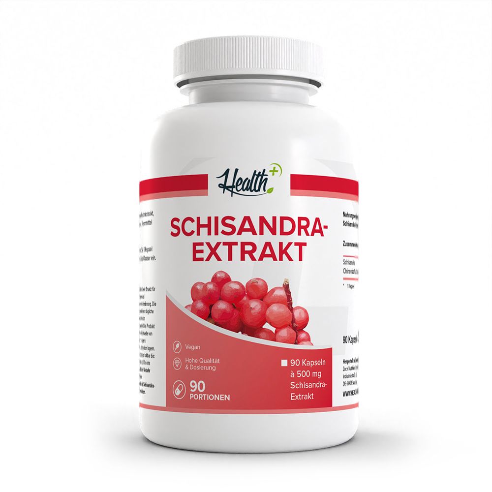 HEALTH+ Schisandra Extrakt Kapseln: Weiße Flasche mit rotem Etikett, zeigt rote Beeren und Produktinformationen.