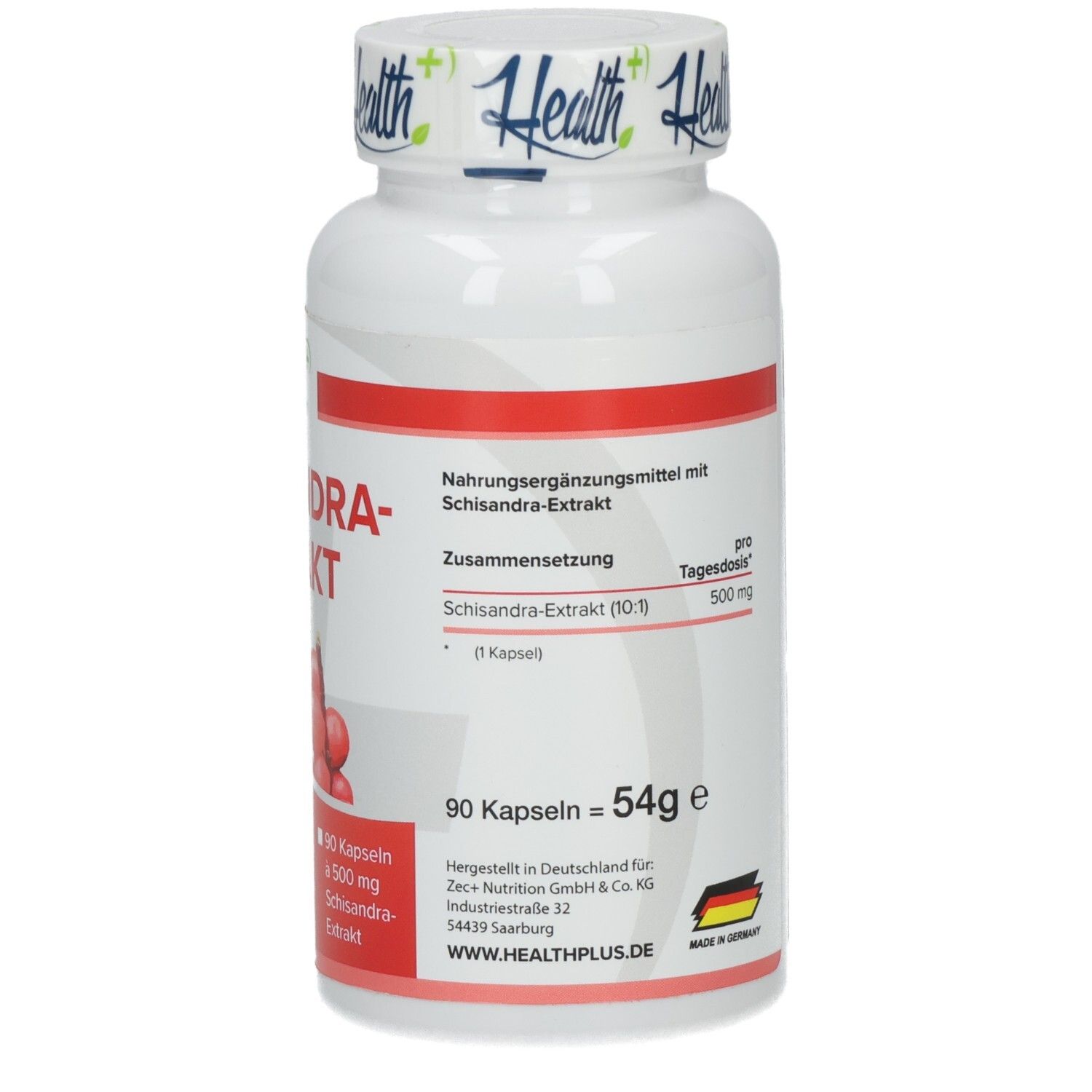 Weiße Flasche mit rotem Etikett. Text: Nahrungsergänzungsmittel mit Schisandra-Extrakt. 90 Kapseln = 54g. Hergestellt in Deutschland.