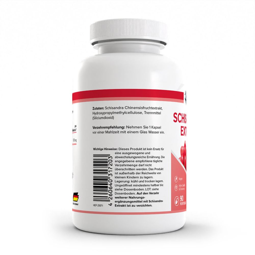 Seite HEALTH+ Schisandra Extrakt: Zutaten, Verzehrempfehlung, Made in Germany. 90 Kapseln.
